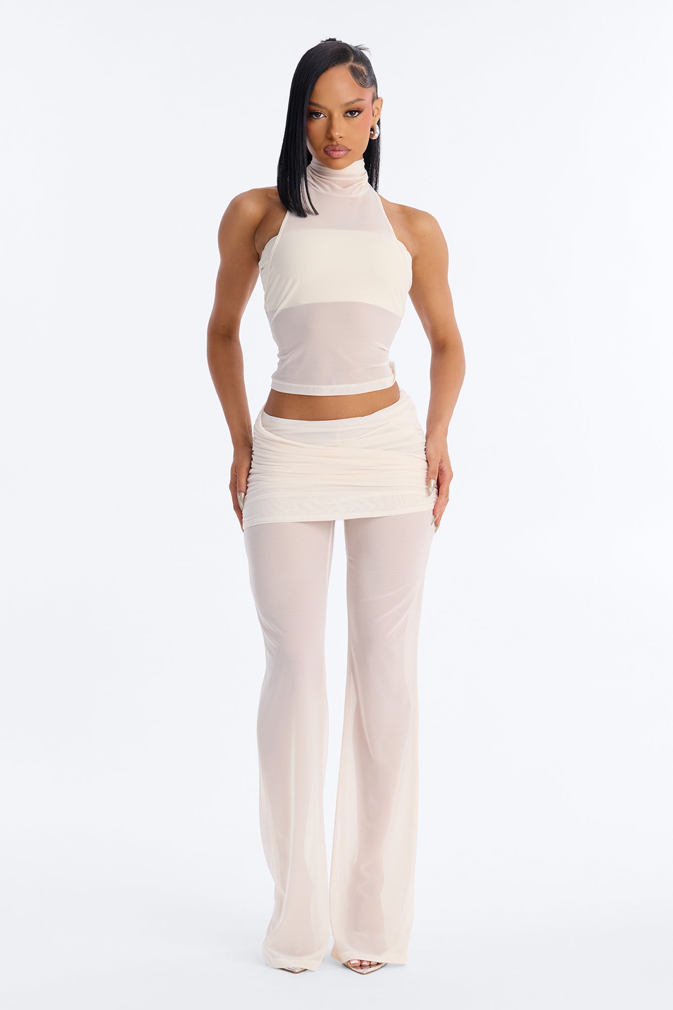 Power Mesh Foldover Ruched Flare Pant - Bone