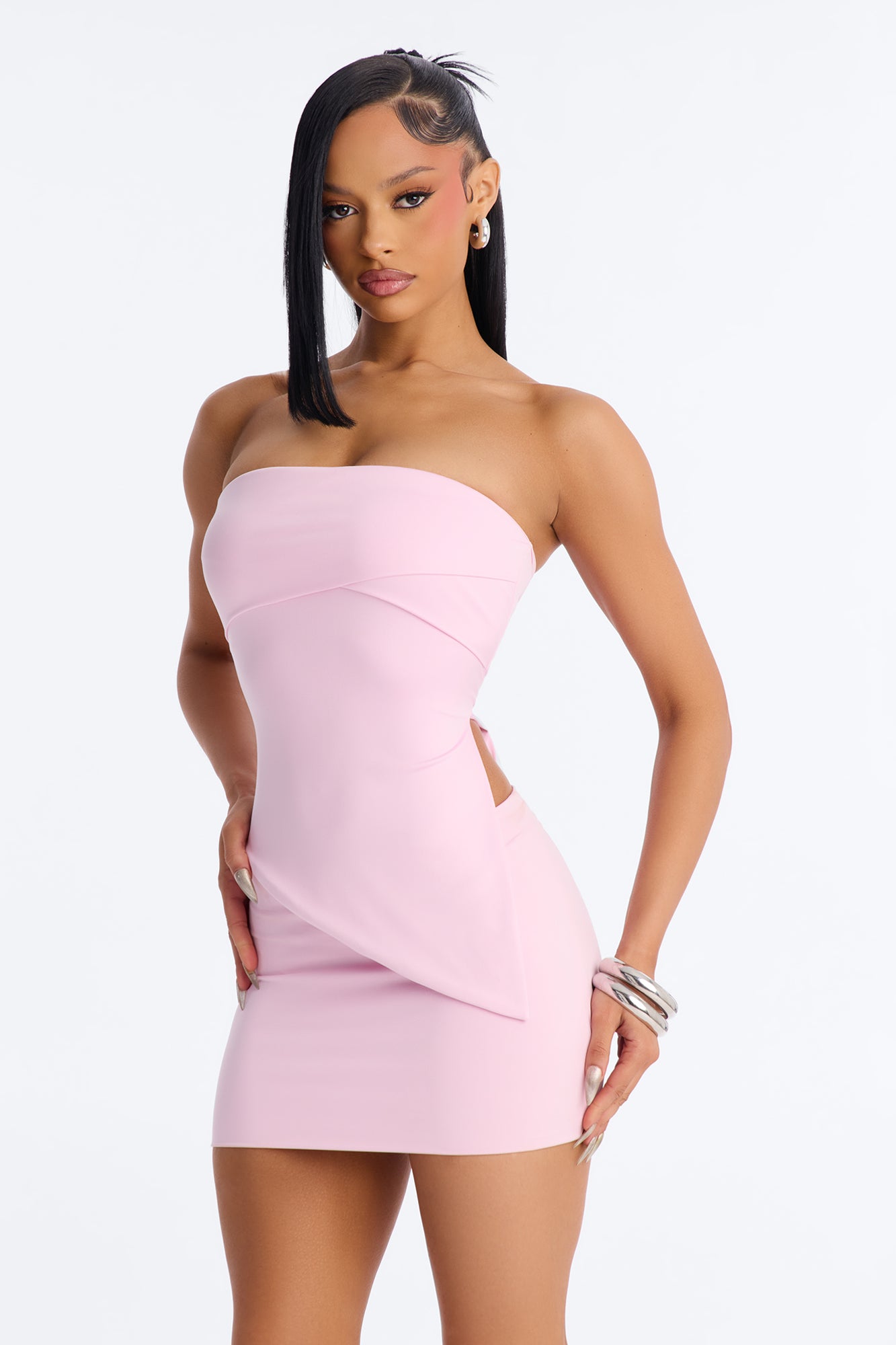 Contour Double Lined Asymmetrical Split Tube Top - Light Pink