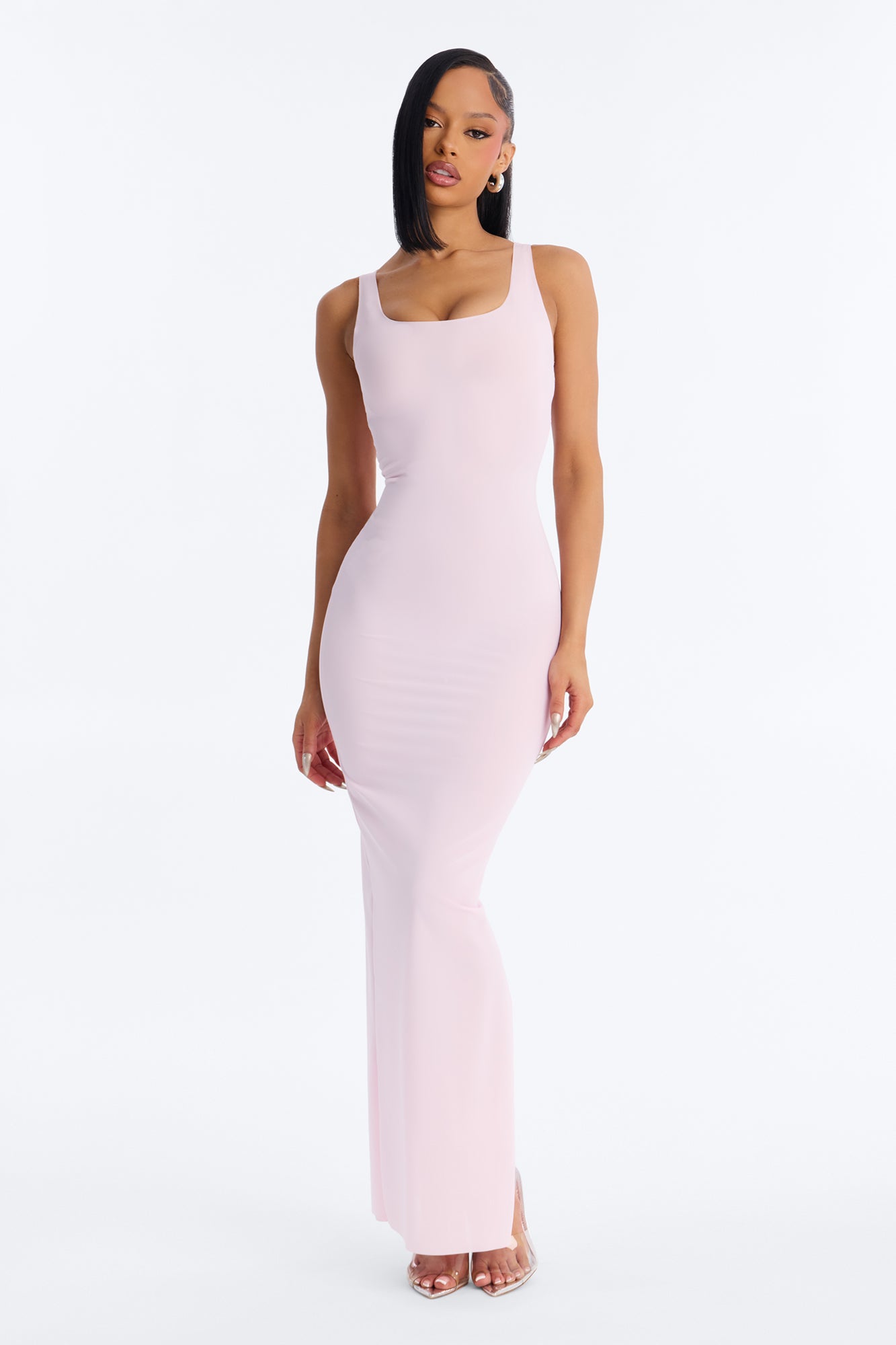 Power Mesh Low Scoop Back Sleeveless Maxi Dress - Light Pink