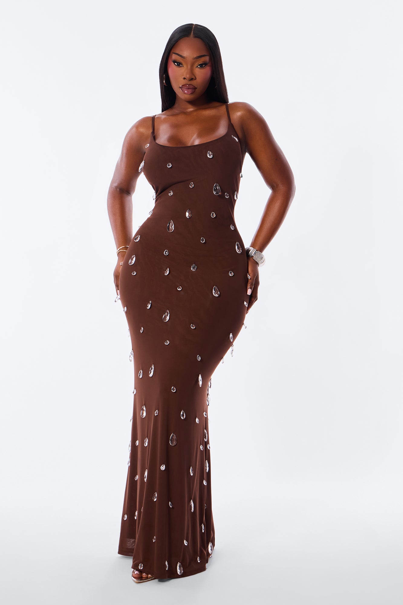 Spotlight Raindrop Bead Mesh Maxi Dress - Chocolate image 5