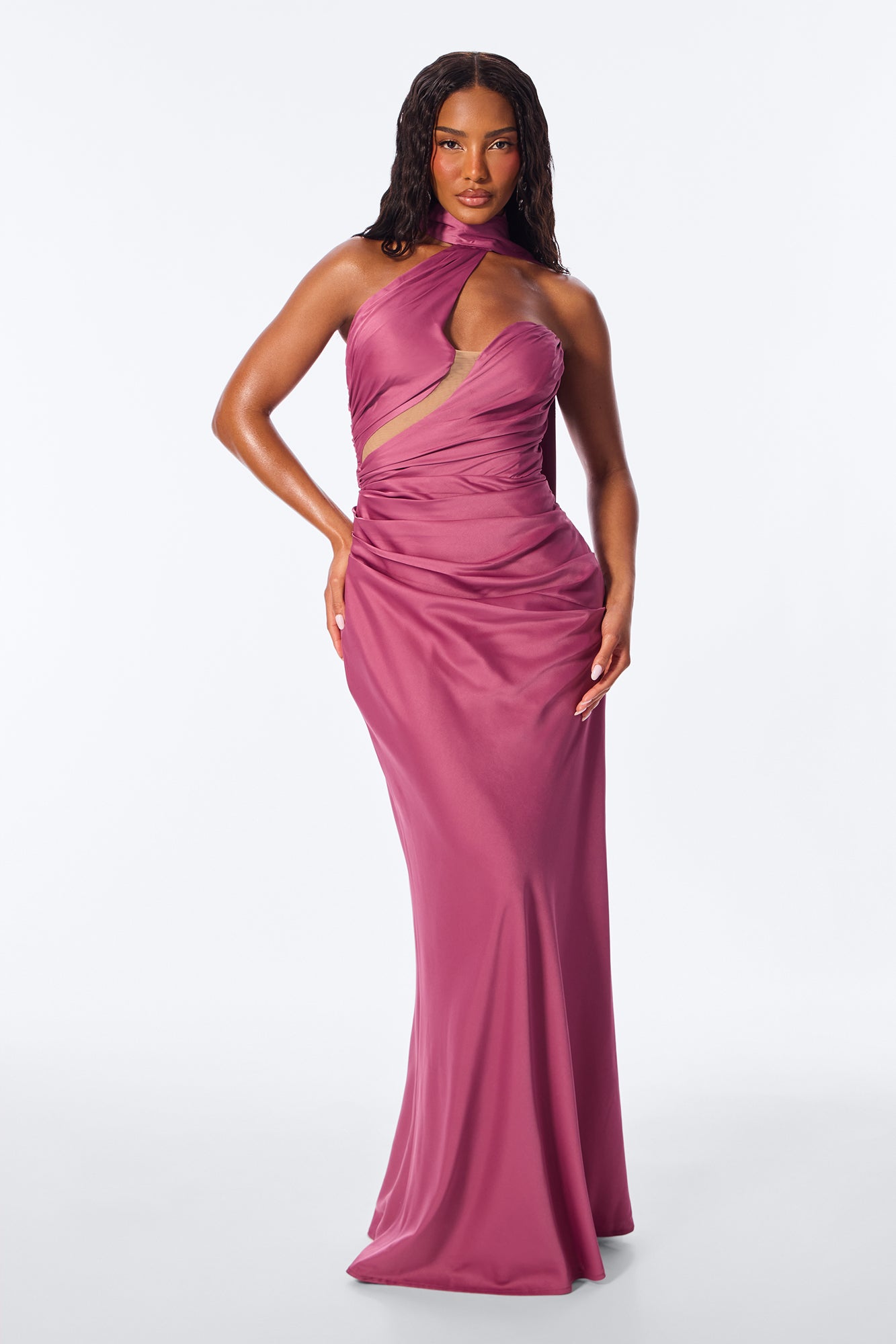 Darling Rose High Neck Satin Maxi Dress - Mauve