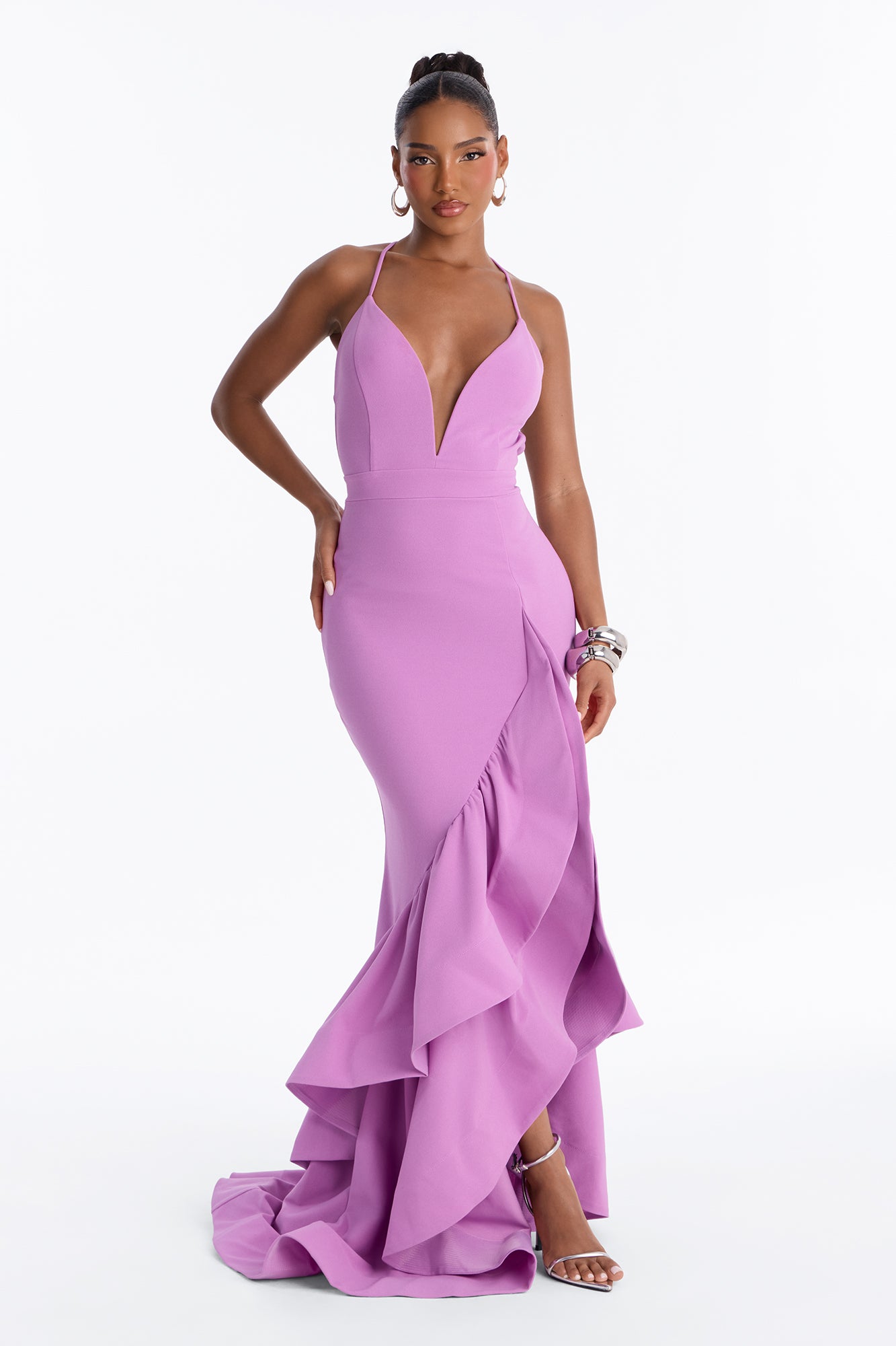 Selene Deep Neckline Ruffle Gown - Lavender