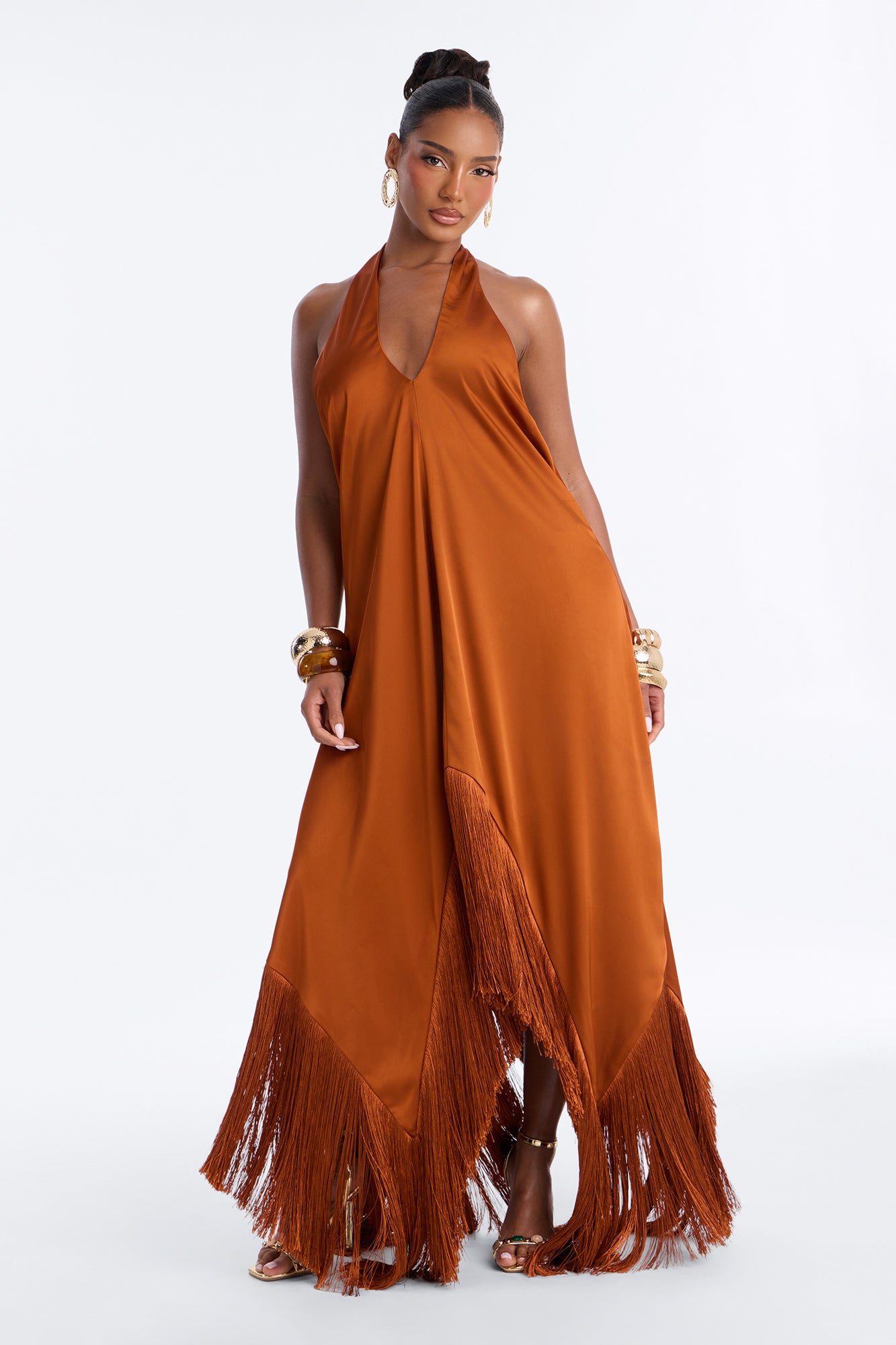 Scarlette Satin Fringe Maxi Dress - Bronze