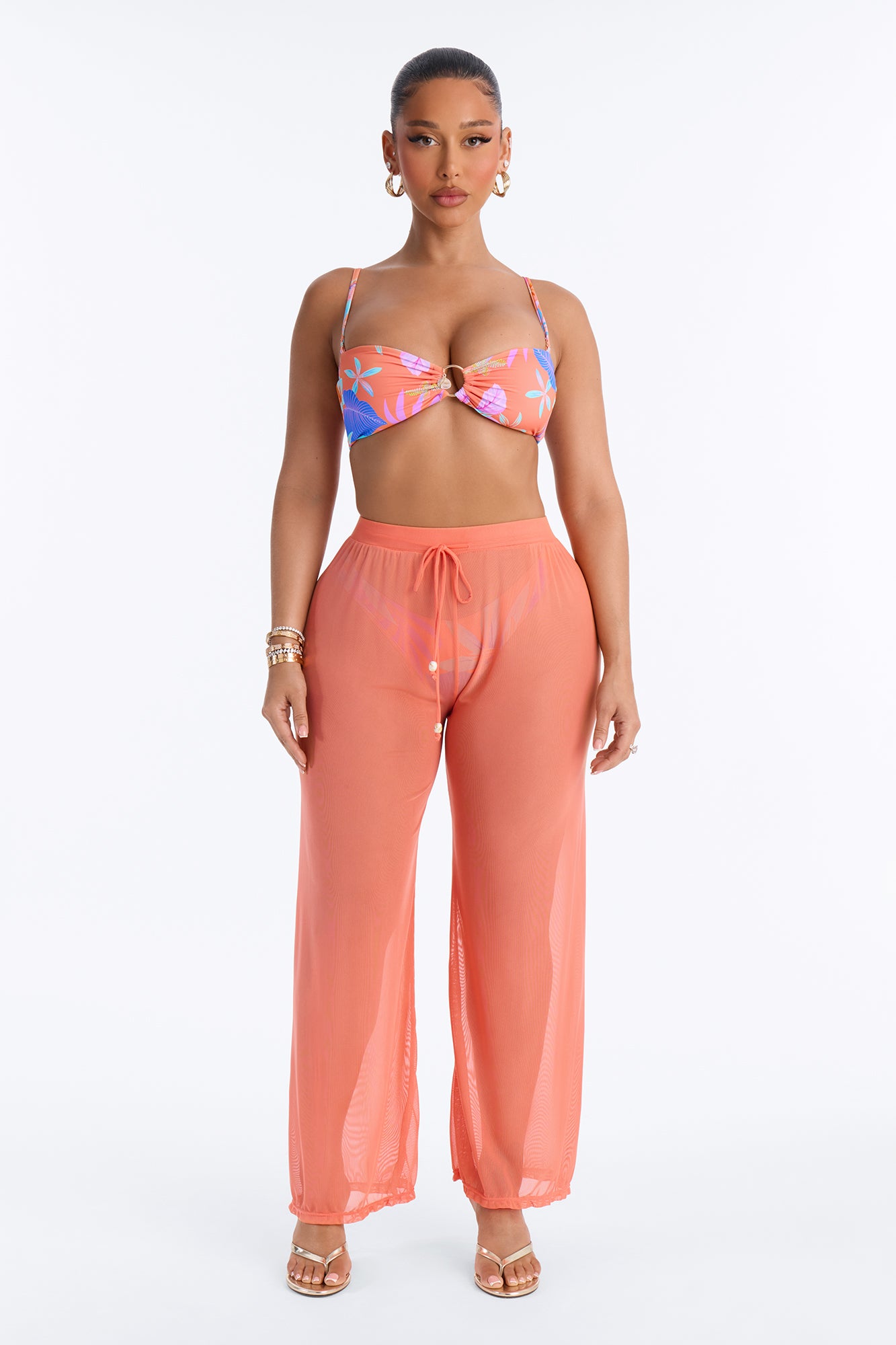 Built For The Heat 3 Piece Tropical Bandeau Bikini & Cover Up Pant Sunsuit - Coral/combo
