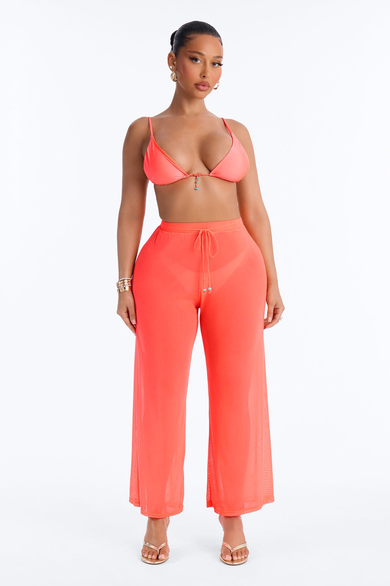 Doing The Most 3 Piece Shimmer Triangle Bikini & Cover Up Pant Sunsuit - Tangerine