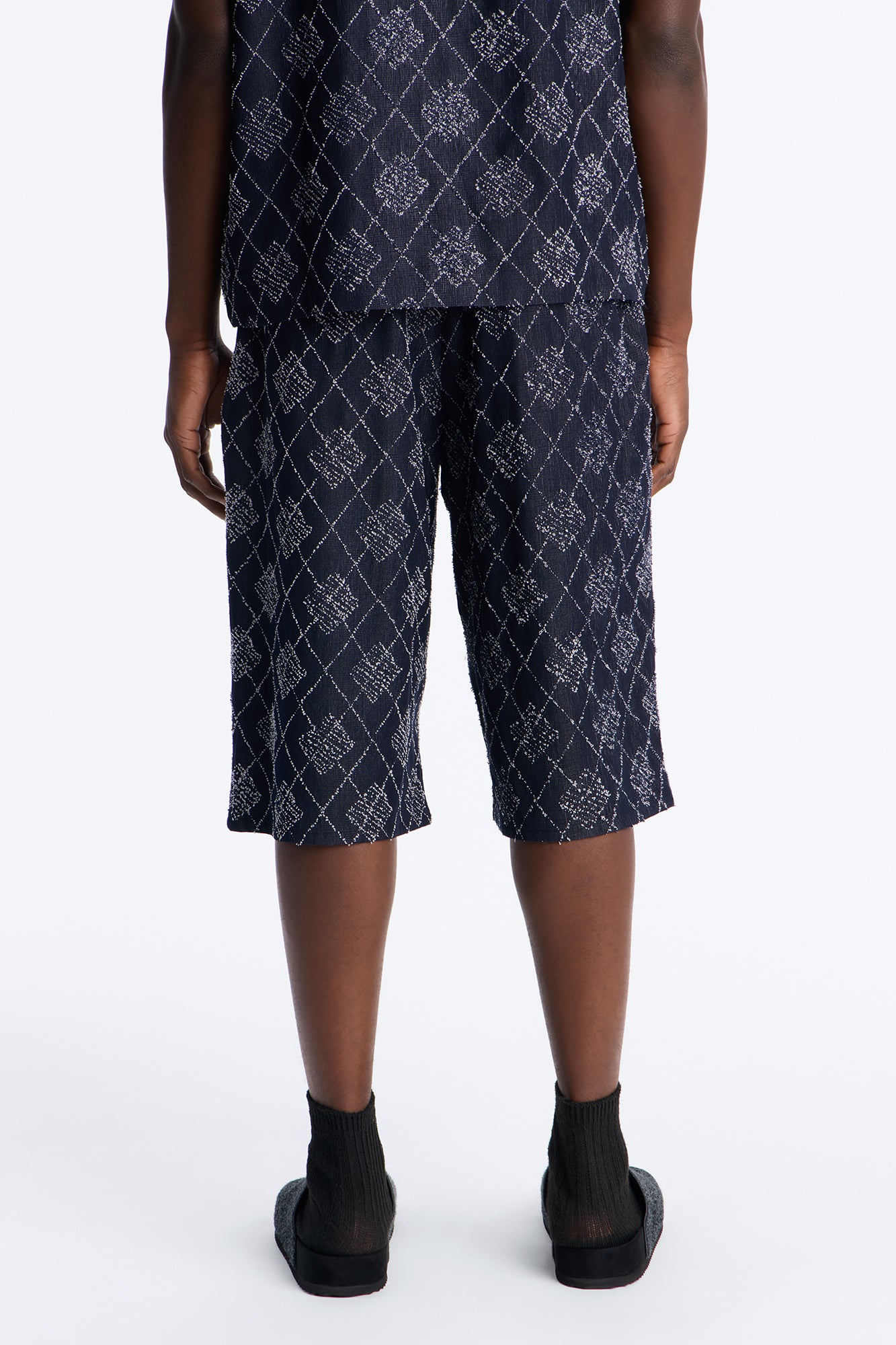 Baggy Diamond Frayed Jacquard Long Short - Navy image 4