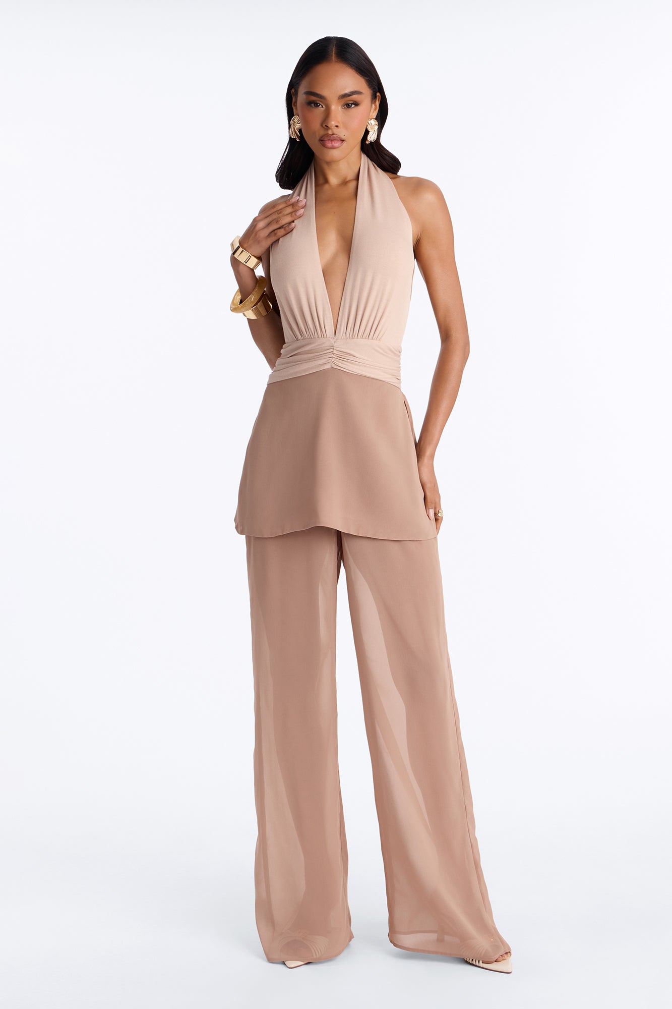 Raina Chiffon Backless Jumpsuit - Taupe