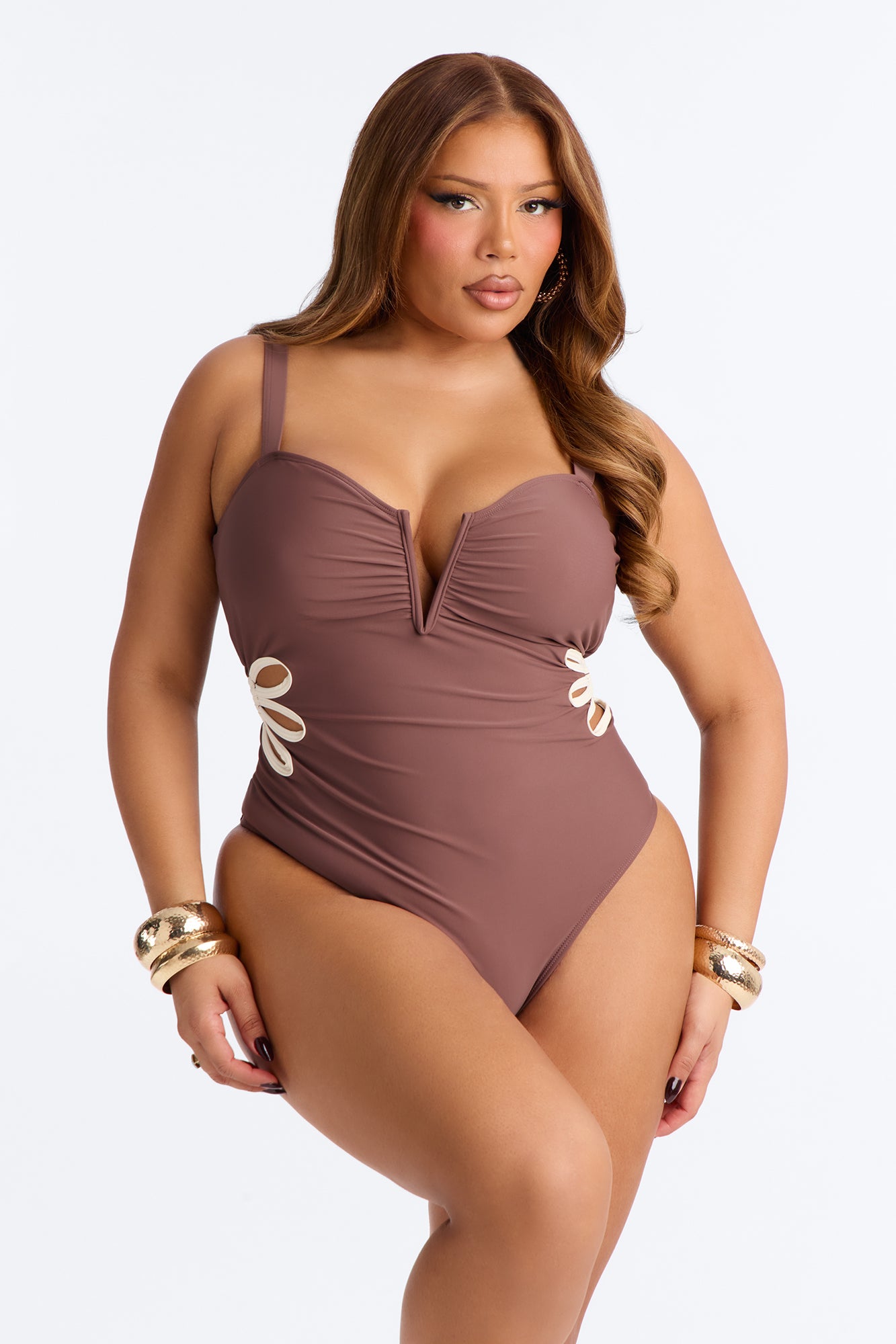 Livia V Wire Flower Cutouts 1 Piece Swimsuit - Brown/combo