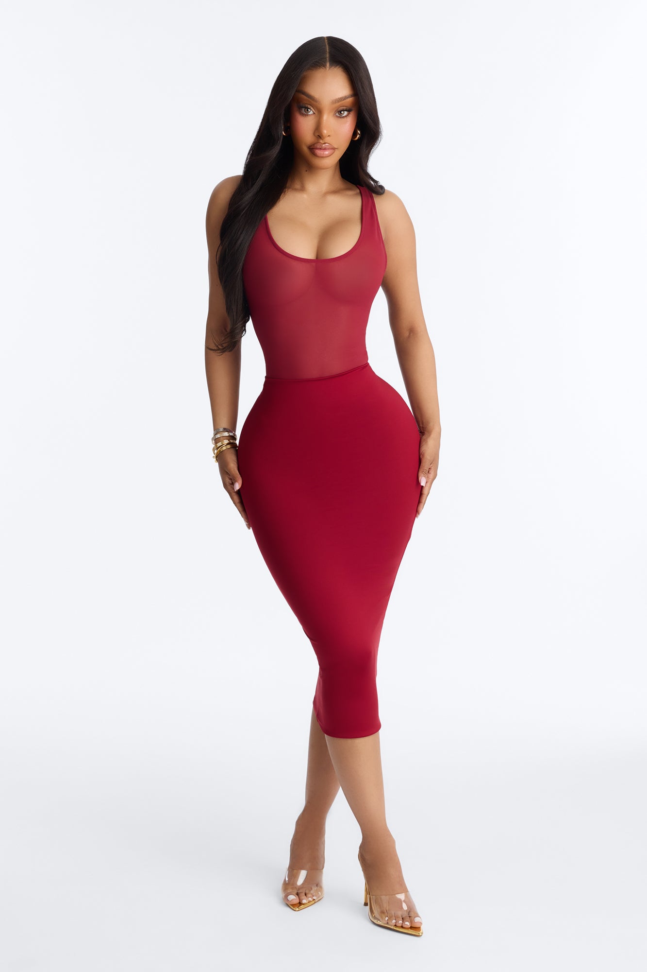 Power Mesh Deep U Neck Sleeveless Bodysuit - DarkRed image 2