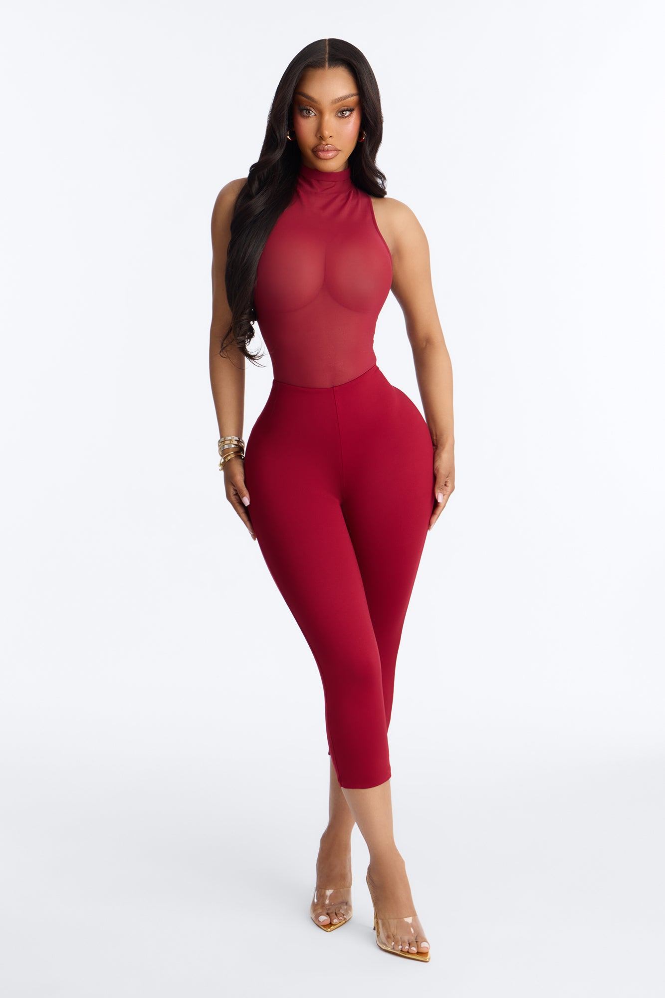 Power Mesh Turtle Neck Sleeveless Bodysuit - DarkRed image 2