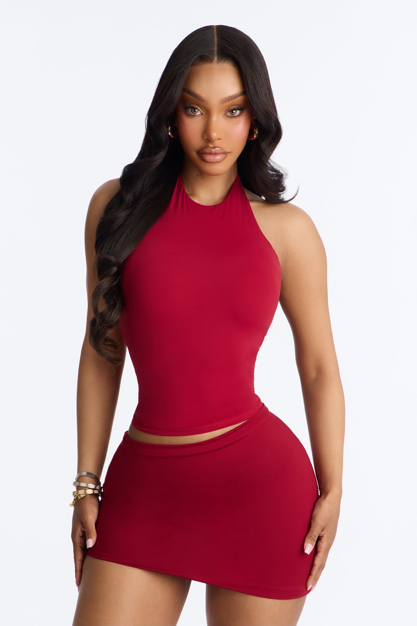 Second Skin Bra Pad Sleeveless Halter Top - DarkRed