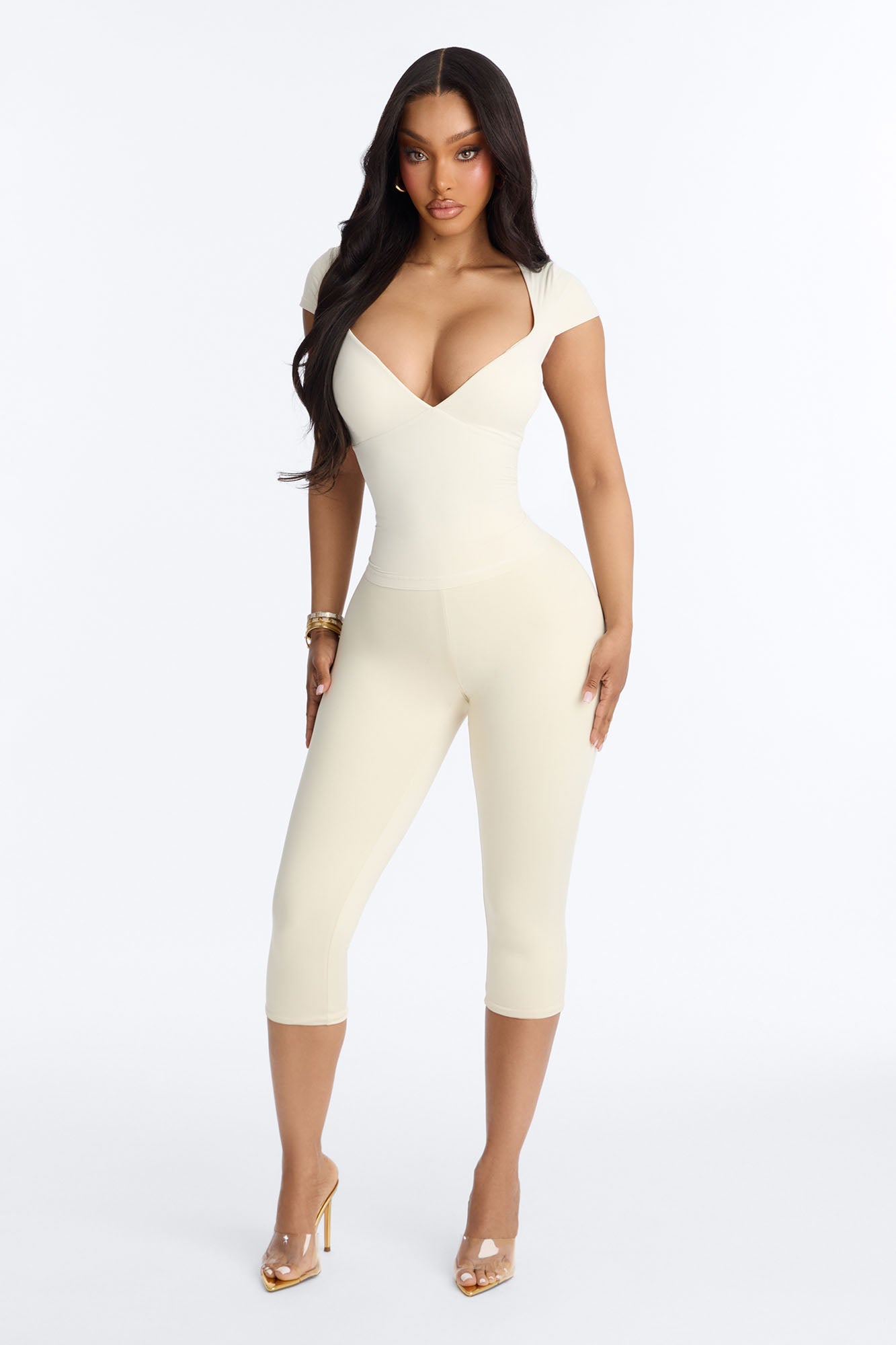 Second Skin Double Lined Bra Pad V Neck Cap Sleeve Top - Bone image 2