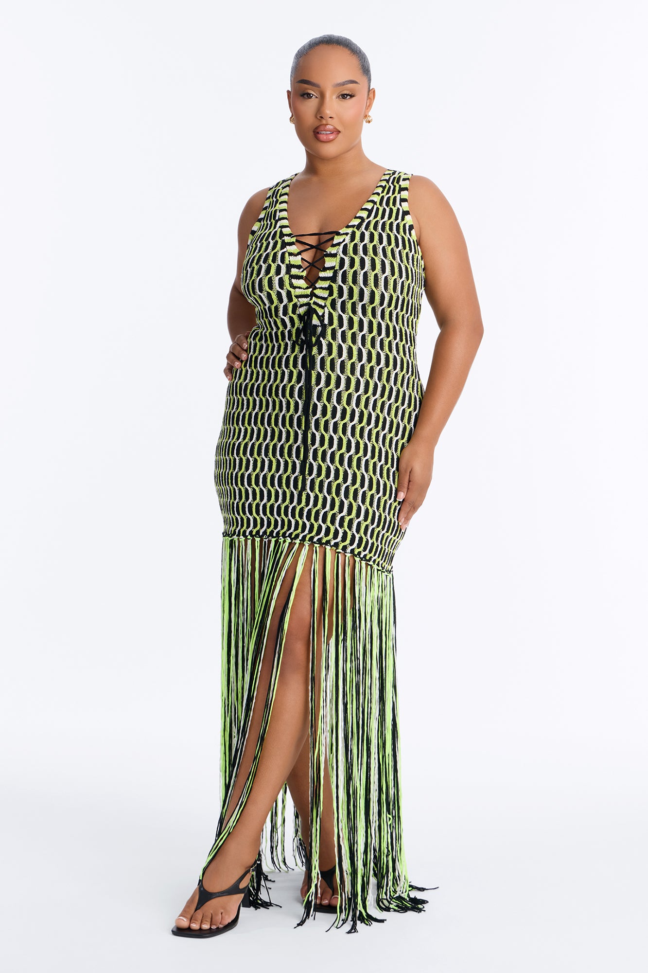 After Hours Fringe Sweater Maxi Dress - Green/combo image 5