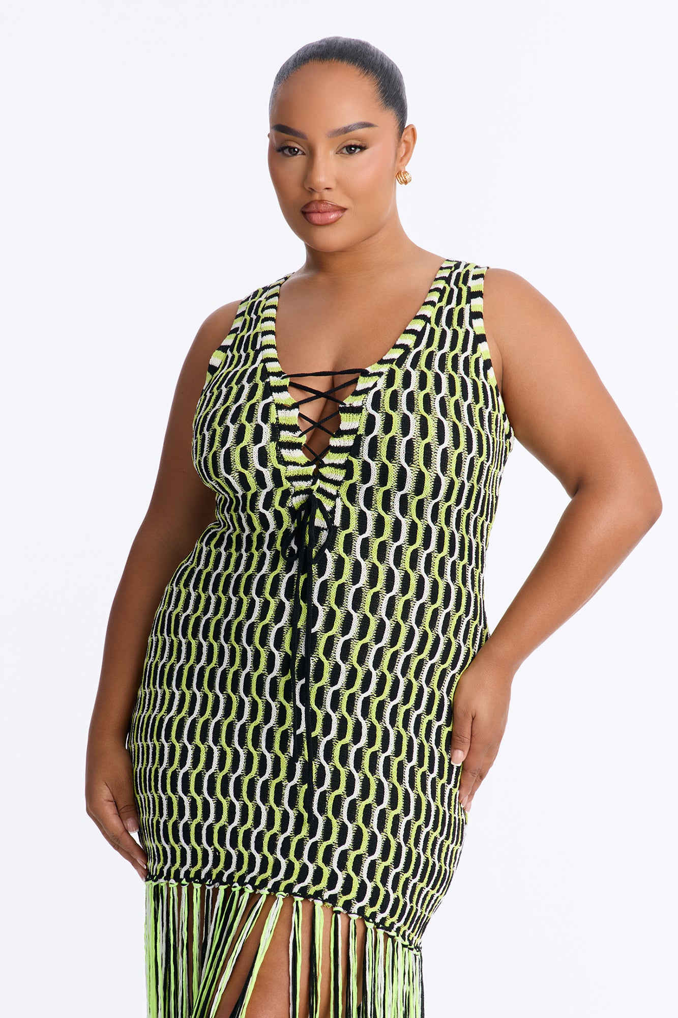 After Hours Fringe Sweater Maxi Dress - Green/combo image 6