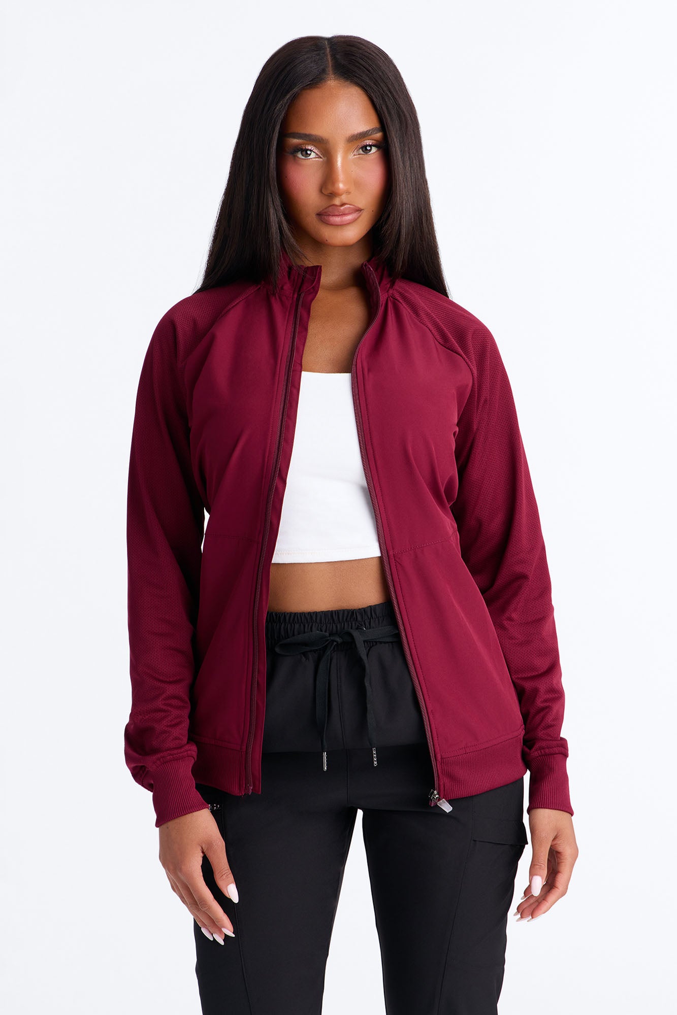 Full Shift Stretch Scrub Uniform Zip Up Jacket - Wine