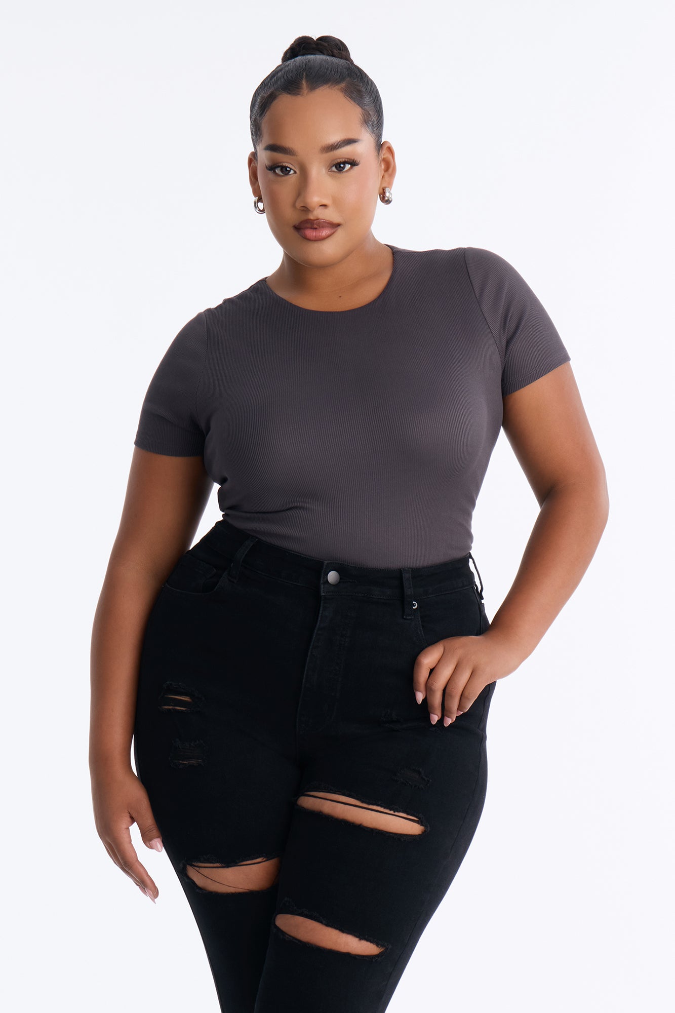 Chloe Crew Neck Short Sleeve Tee - Charcoal