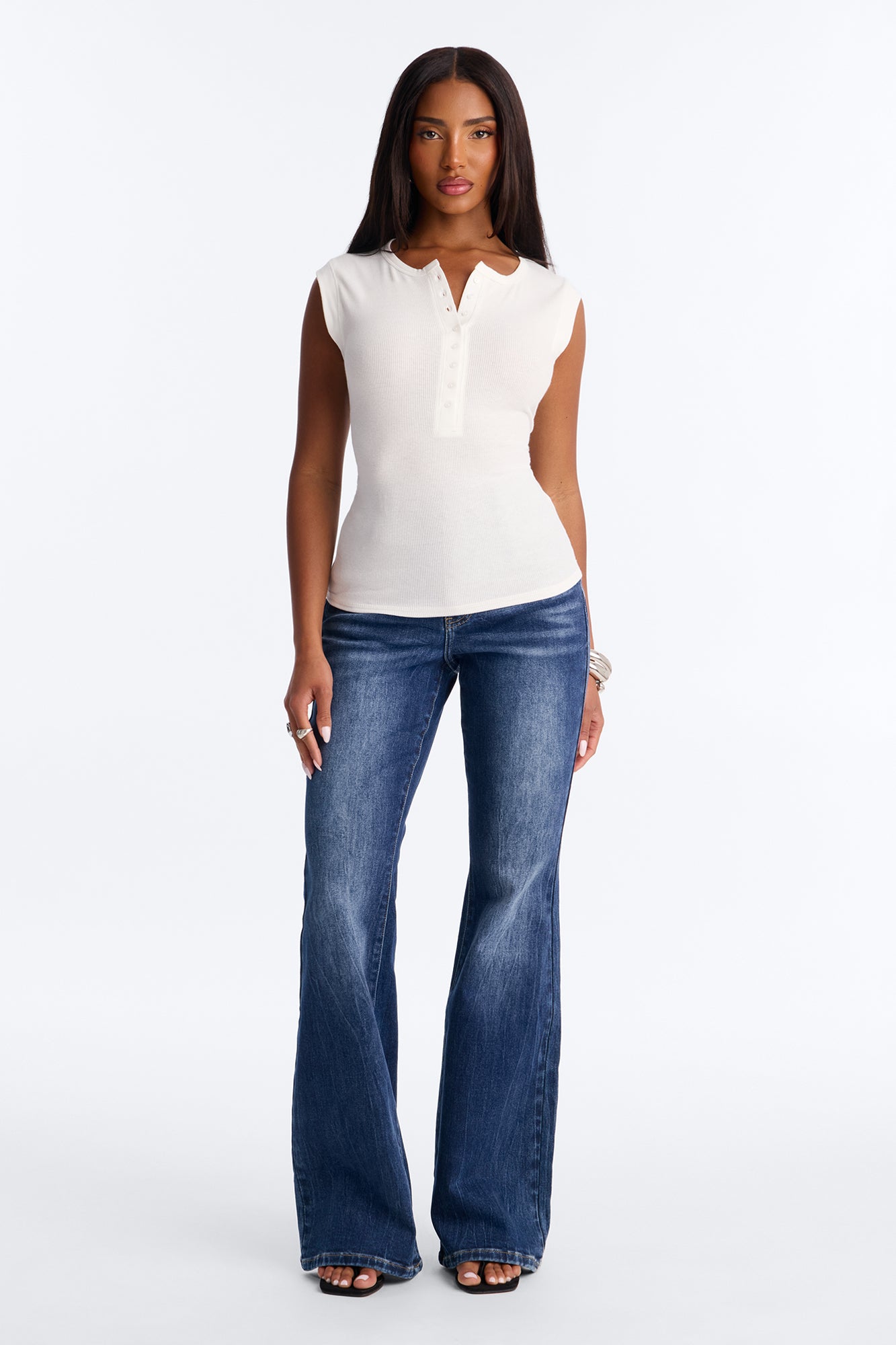 Hailey Ribbed Henley Muscle Tank Top - White