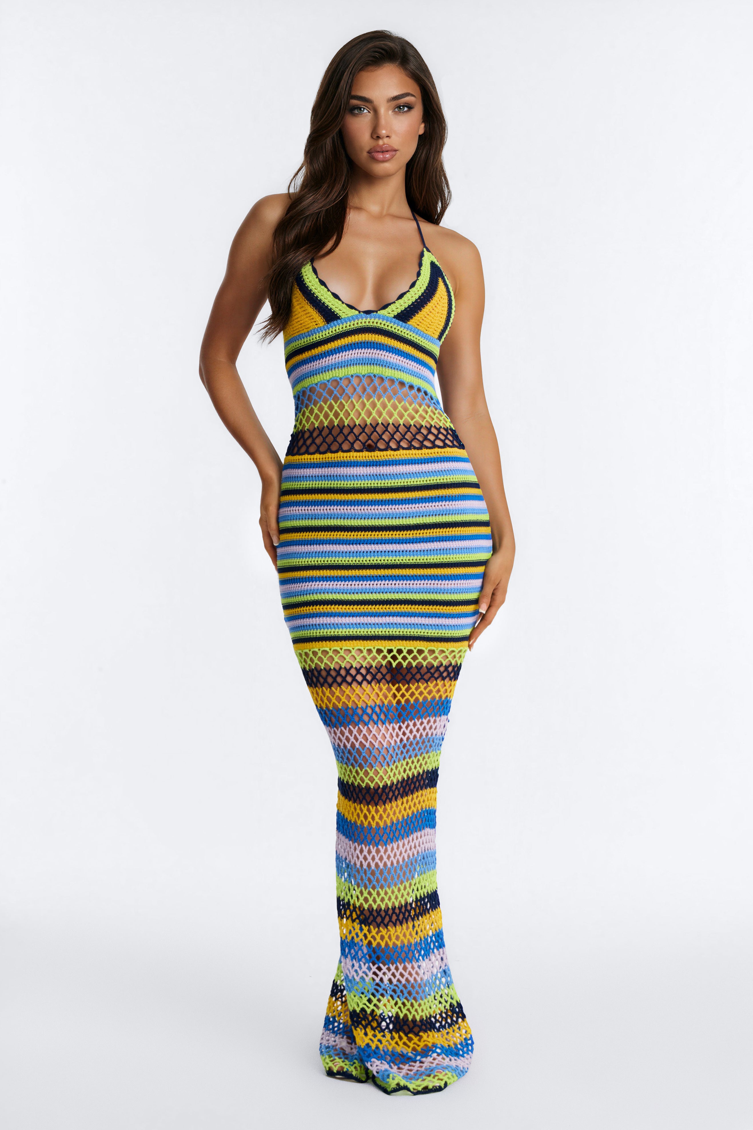 Beachside Escape Striped Crochet Maxi Dress - Blue/combo