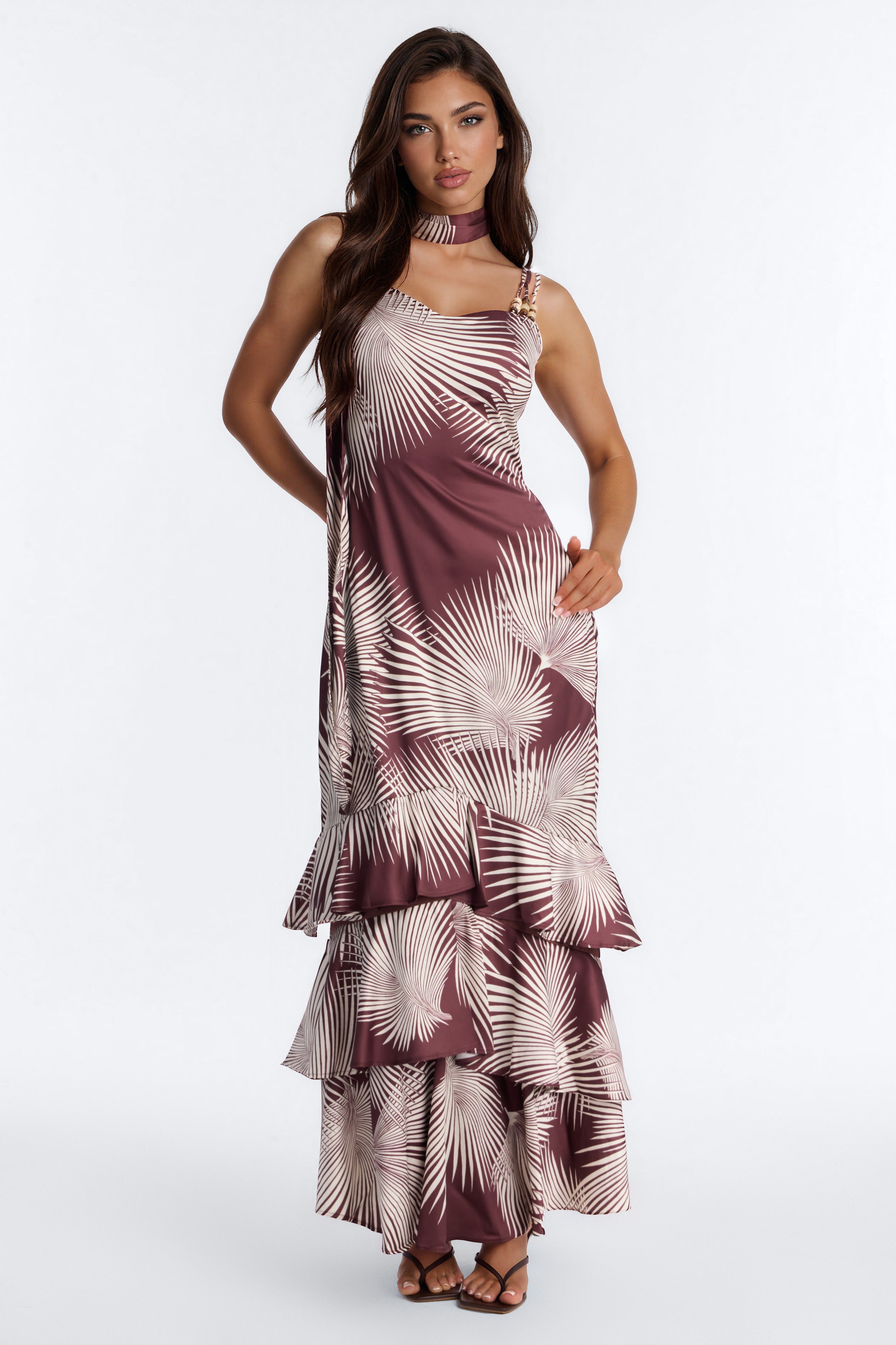 Lila Satin Tiered Maxi Dress - Brown/combo