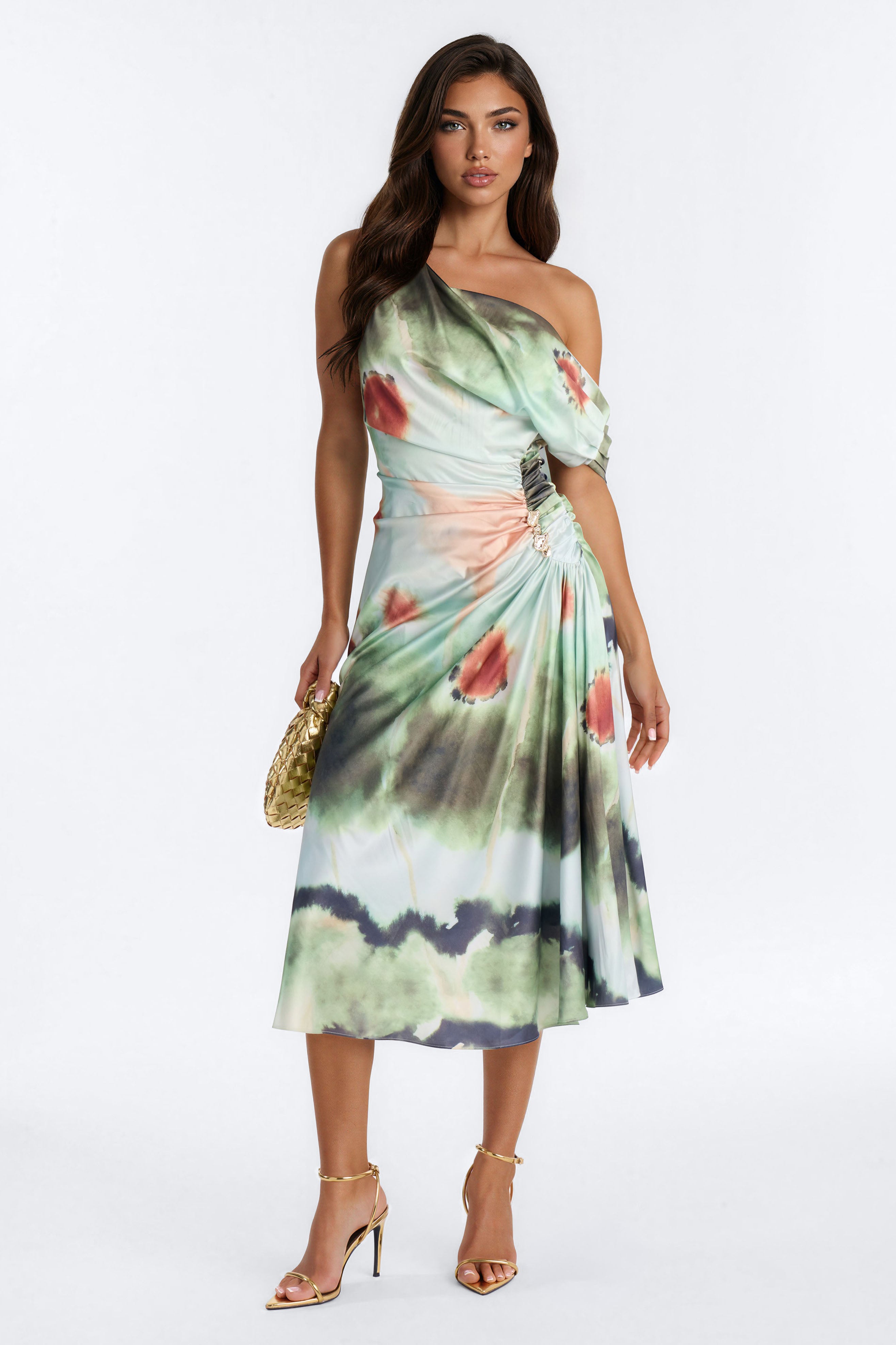 Maisie Tie Dye Satin Midi Dress - Sage/combo