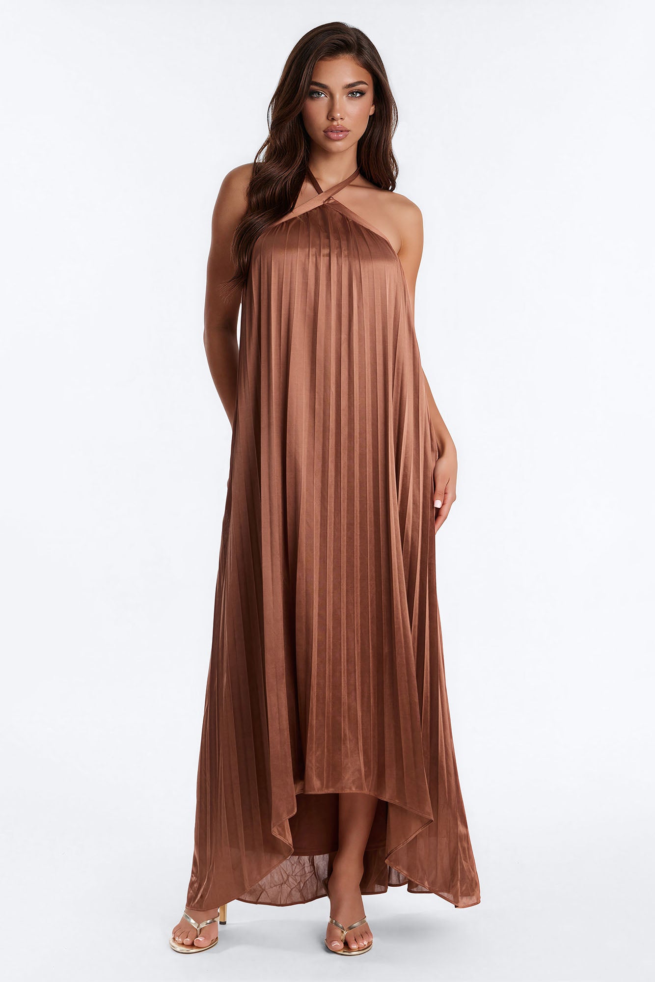 Monique Backless Pleated Satin Maxi Dress - Bronze