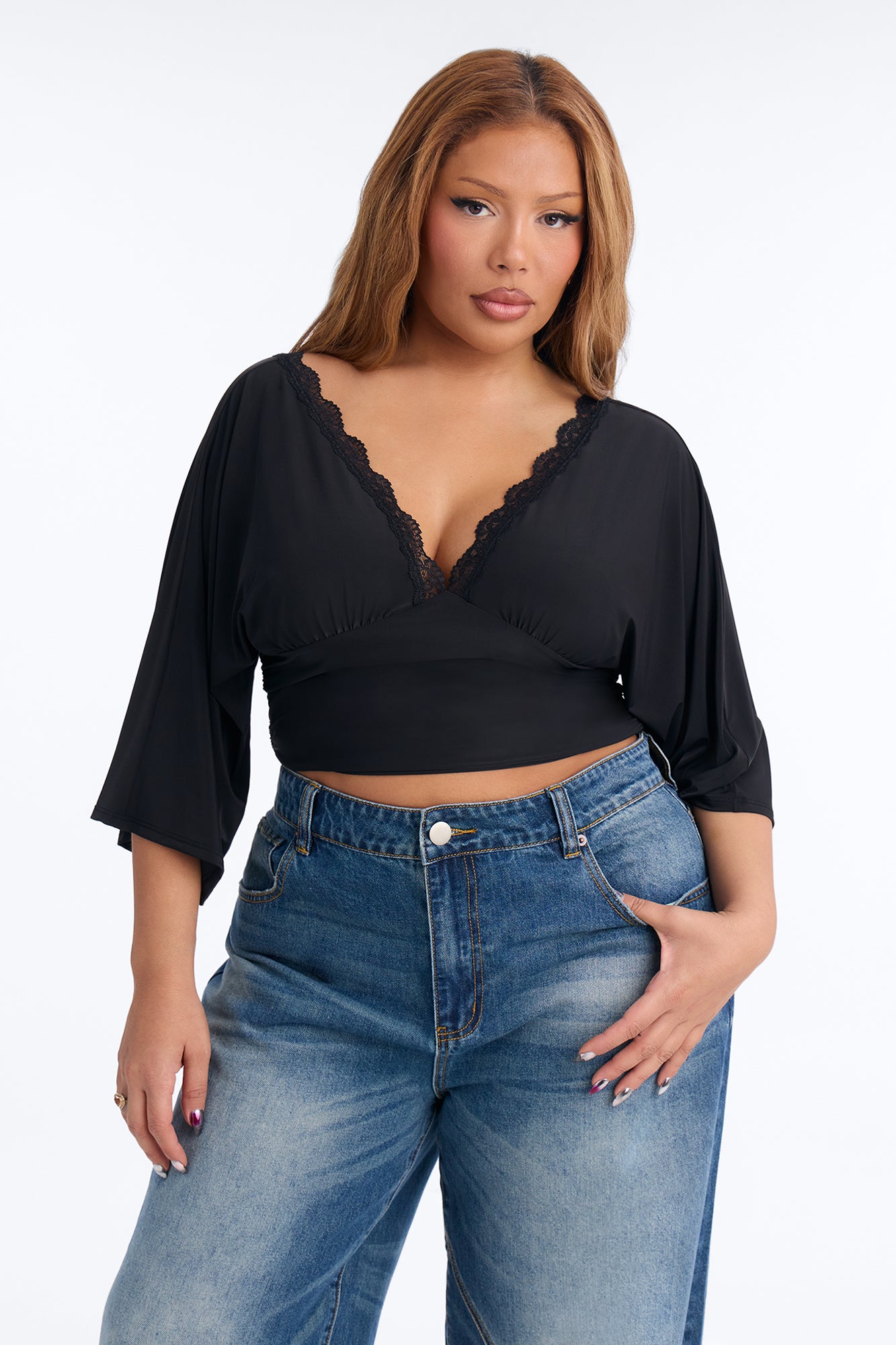 Brenda Lace Trim Short Sleeve Top - Black