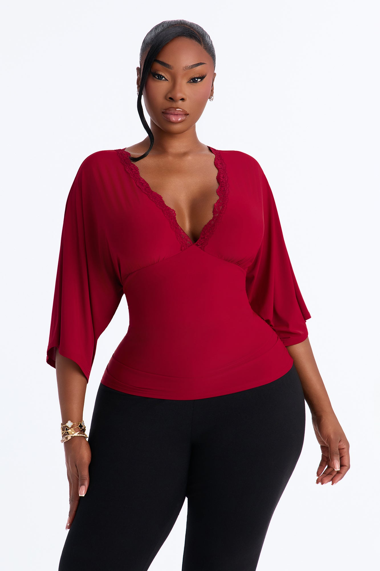 Brenda Lace Trim Short Sleeve Top - Wine