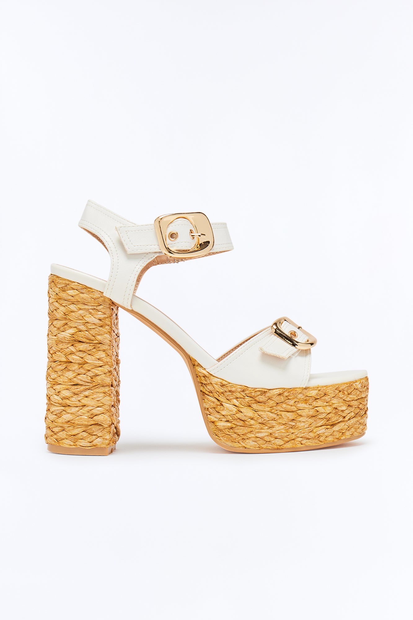 Haze Buckle Raffia Platform Heels - White