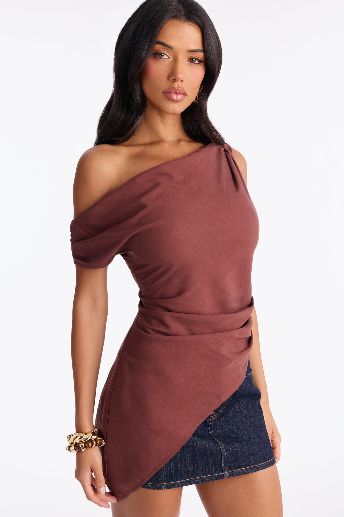 Mariah Off Shoulder Asymmetrical Top - Brown
