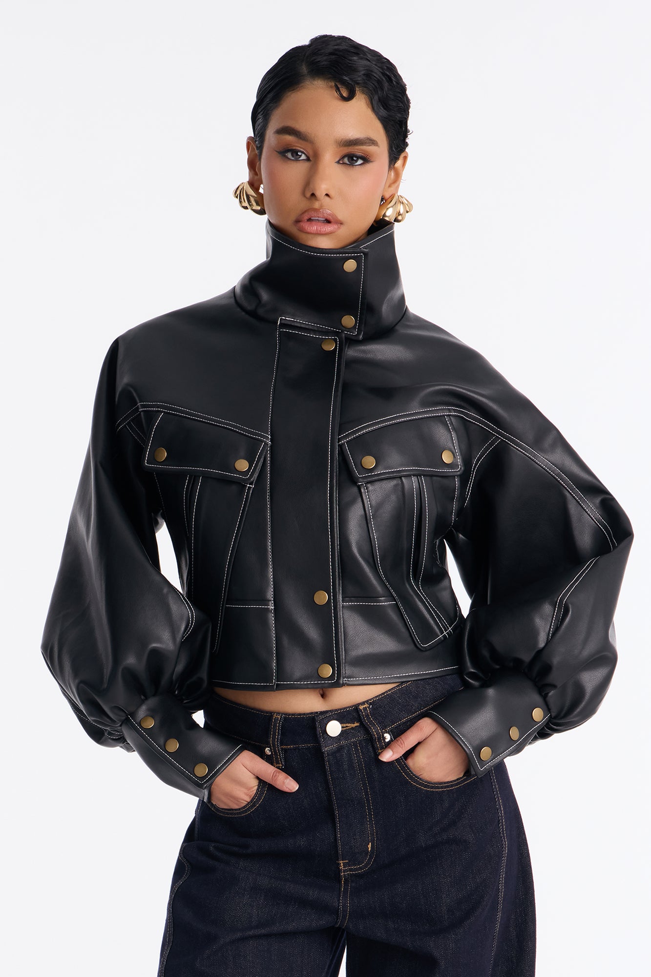 Run It Back Wide Funnel Neck Faux Leather Jacket - Black