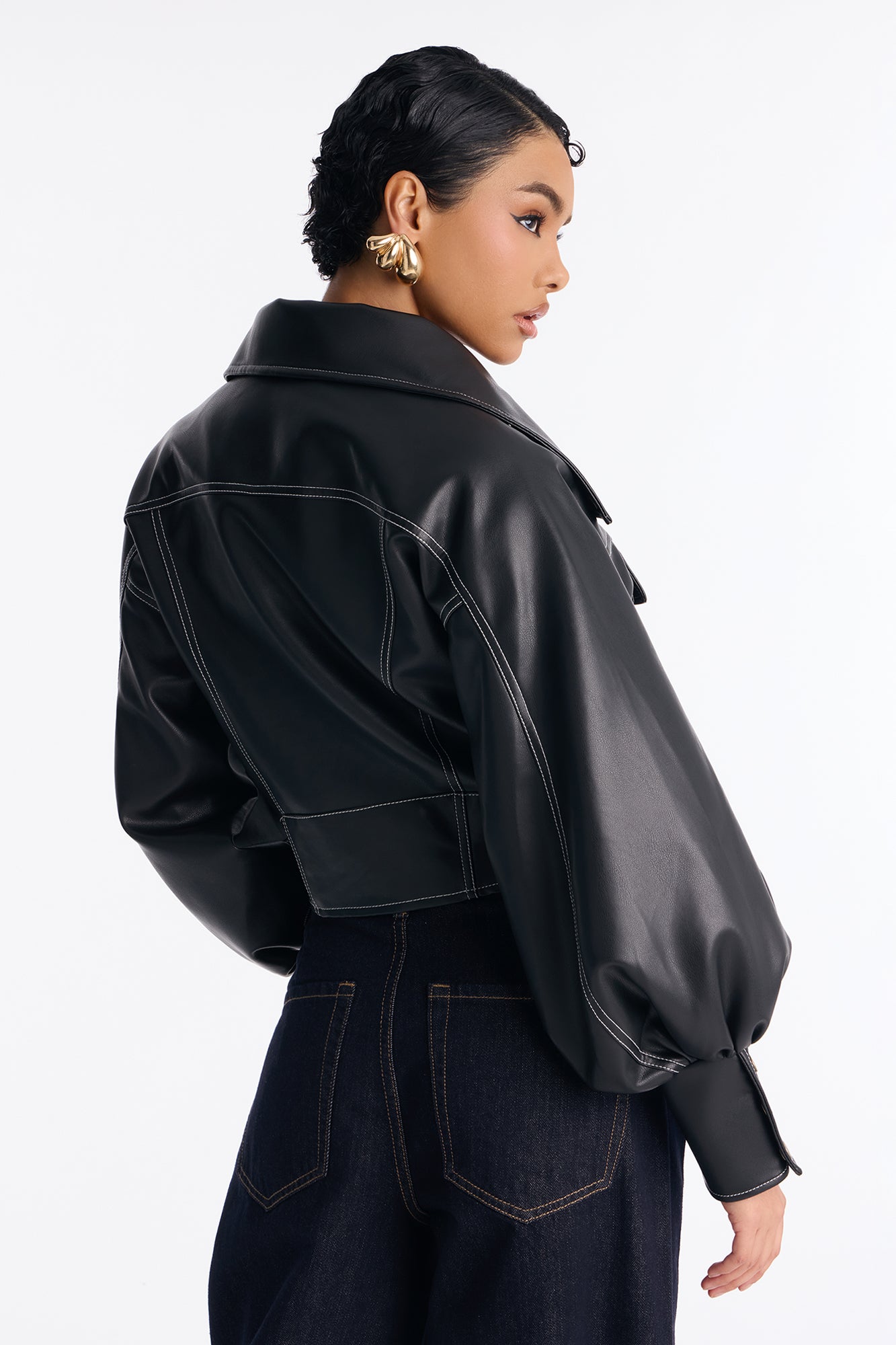 Run It Back Wide Funnel Neck Faux Leather Jacket - Black