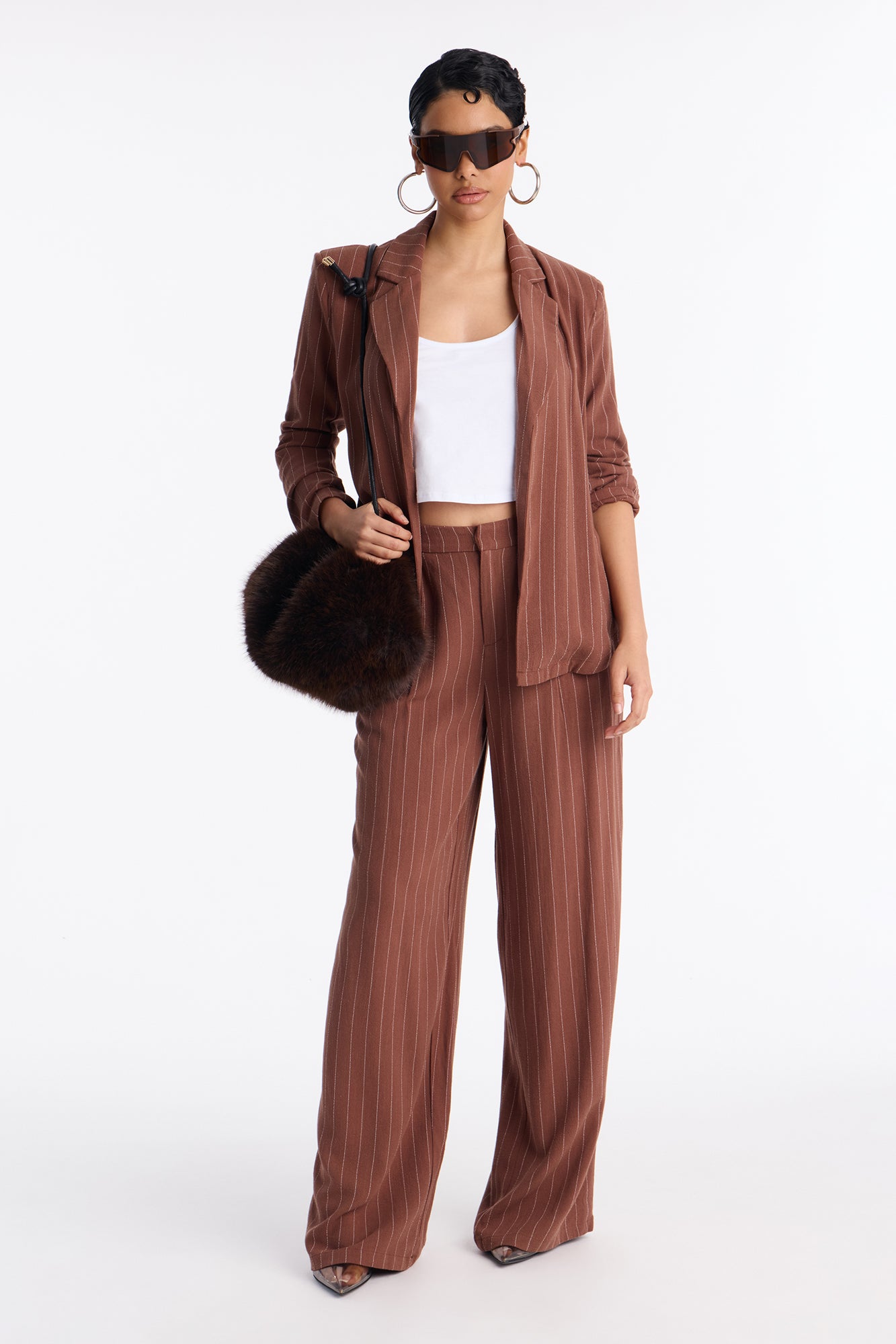 Mila Pinstripe Belted Blazer Pant Set - Brown