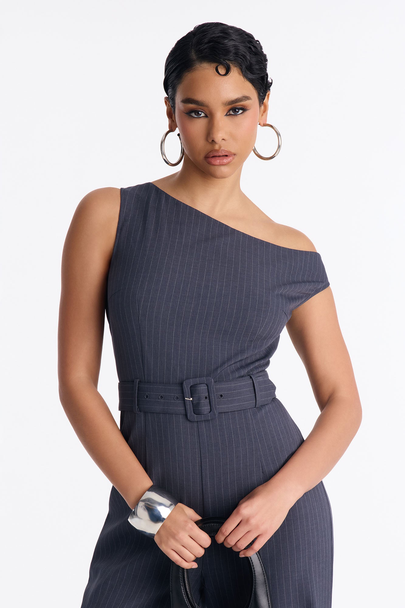 Rylie Pinstripe Belted Jumpsuit - Grey