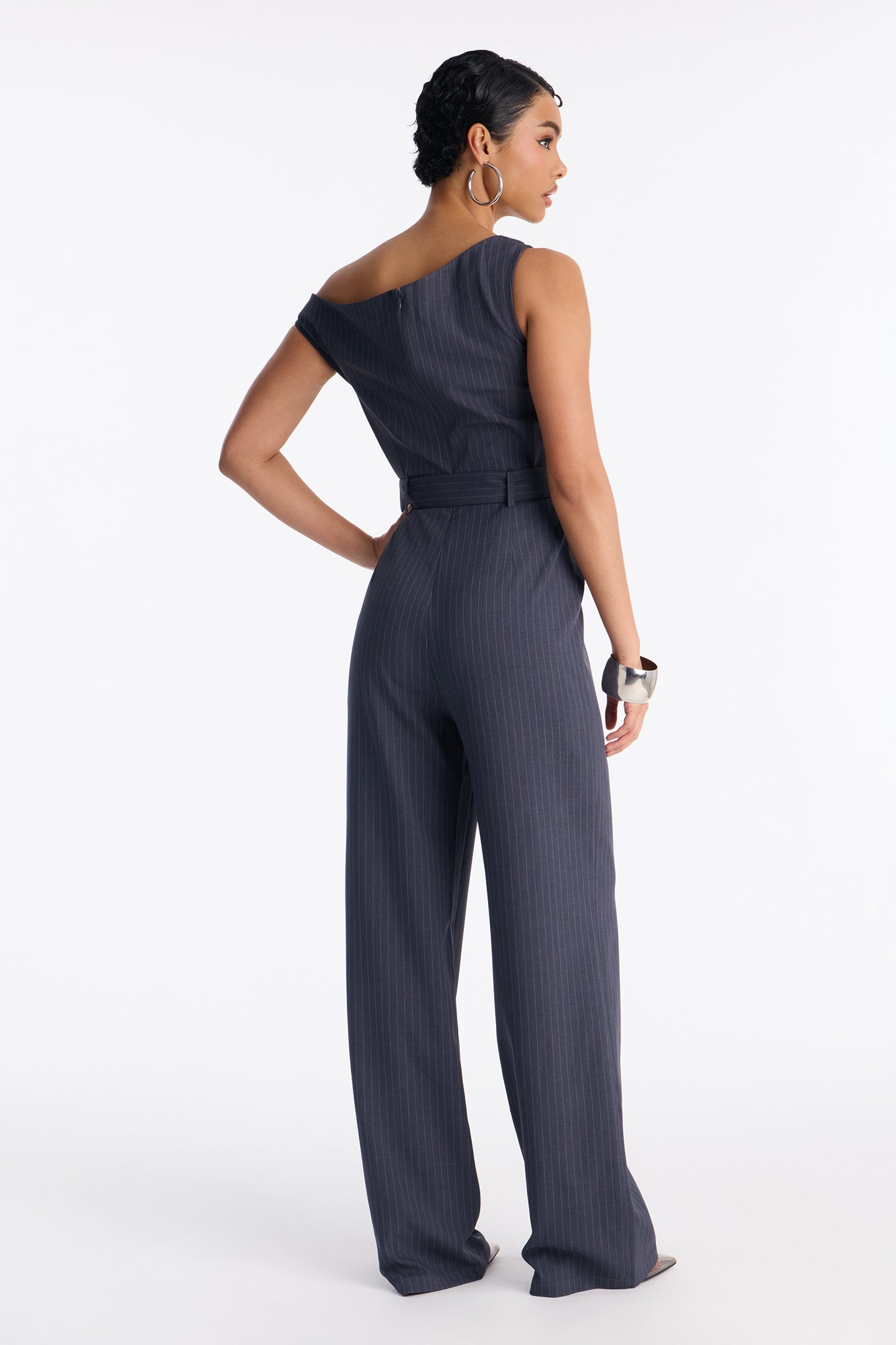 Rylie Pinstripe Belted Jumpsuit - Grey