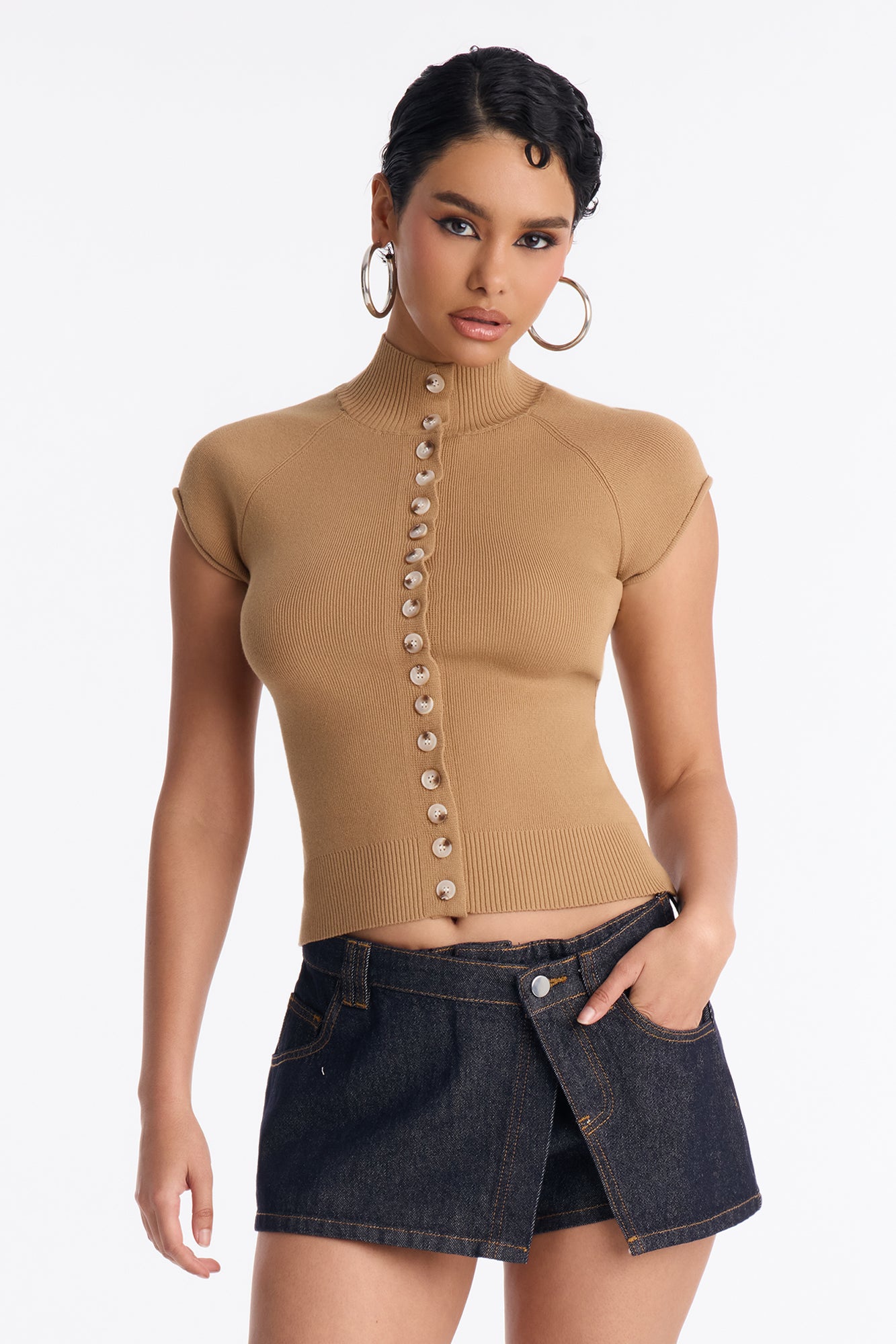 In A Daydream Mock Neck Cardigan Top - Taupe