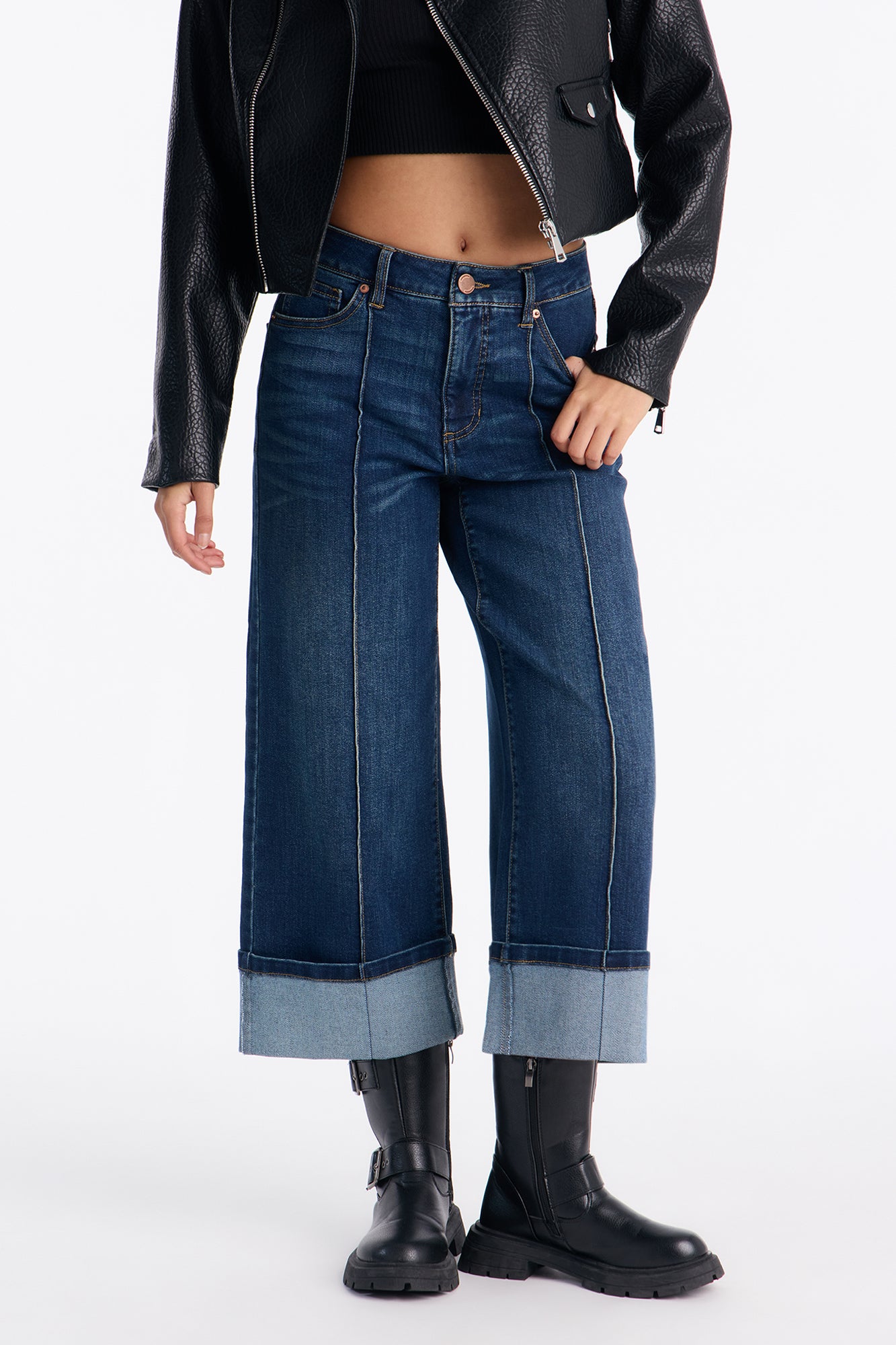 Claire Cuffed Pintuck Jeans - Dark Wash
