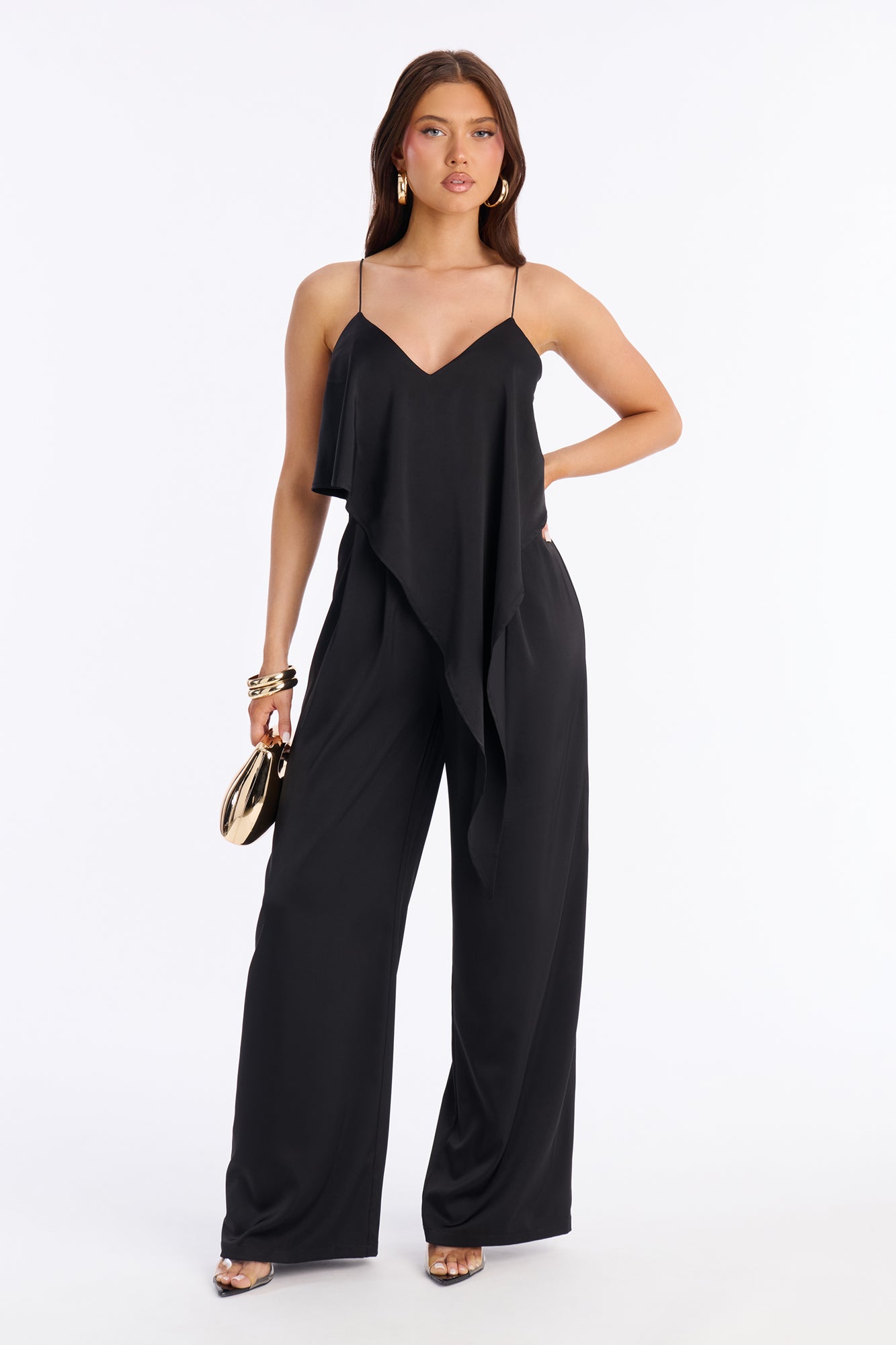Juna Draped Asymmetrical Satin Jumpsuit - Black
