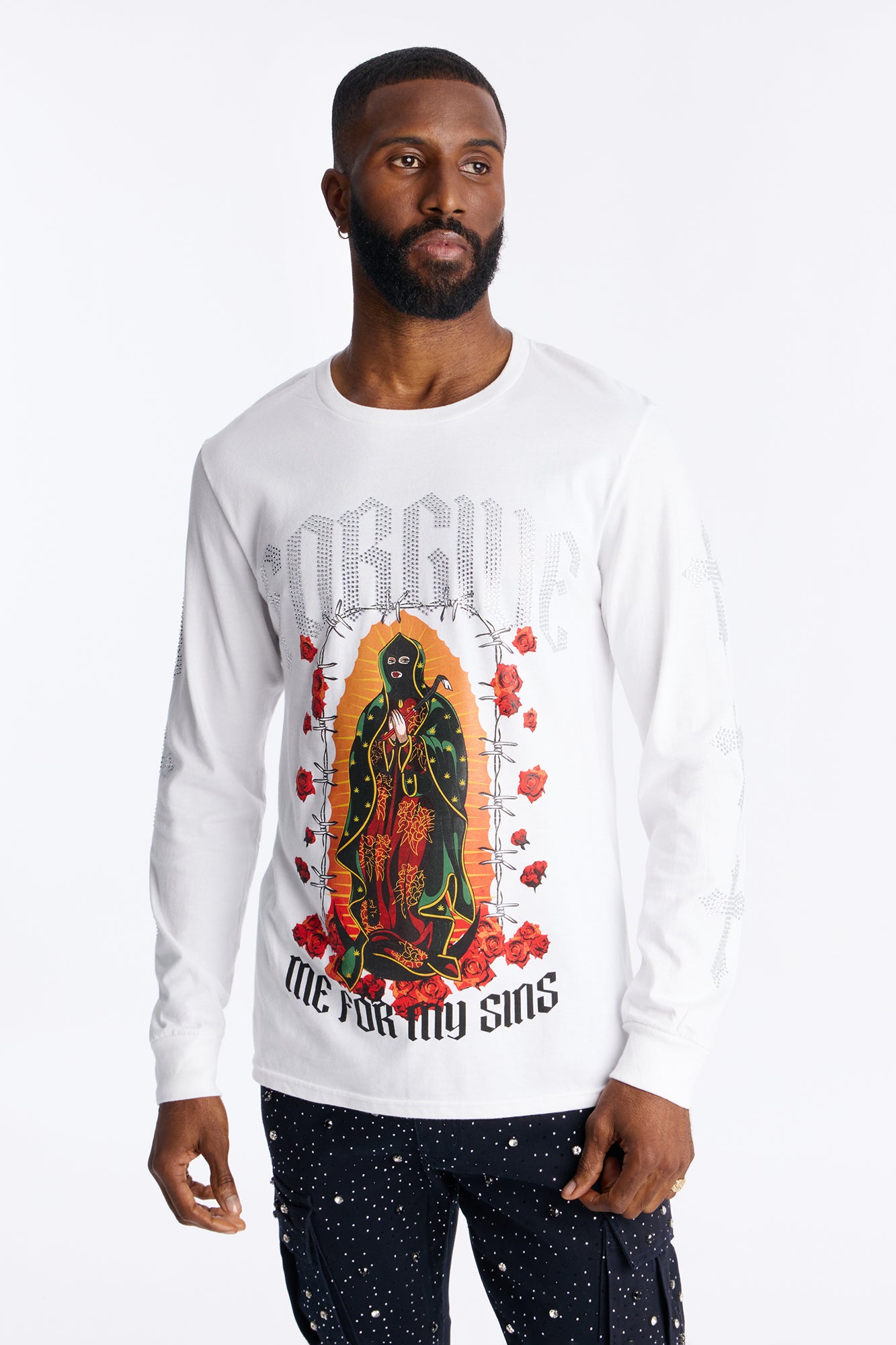 Forgive My Sins Rhinestone Long Sleeve Tee - White