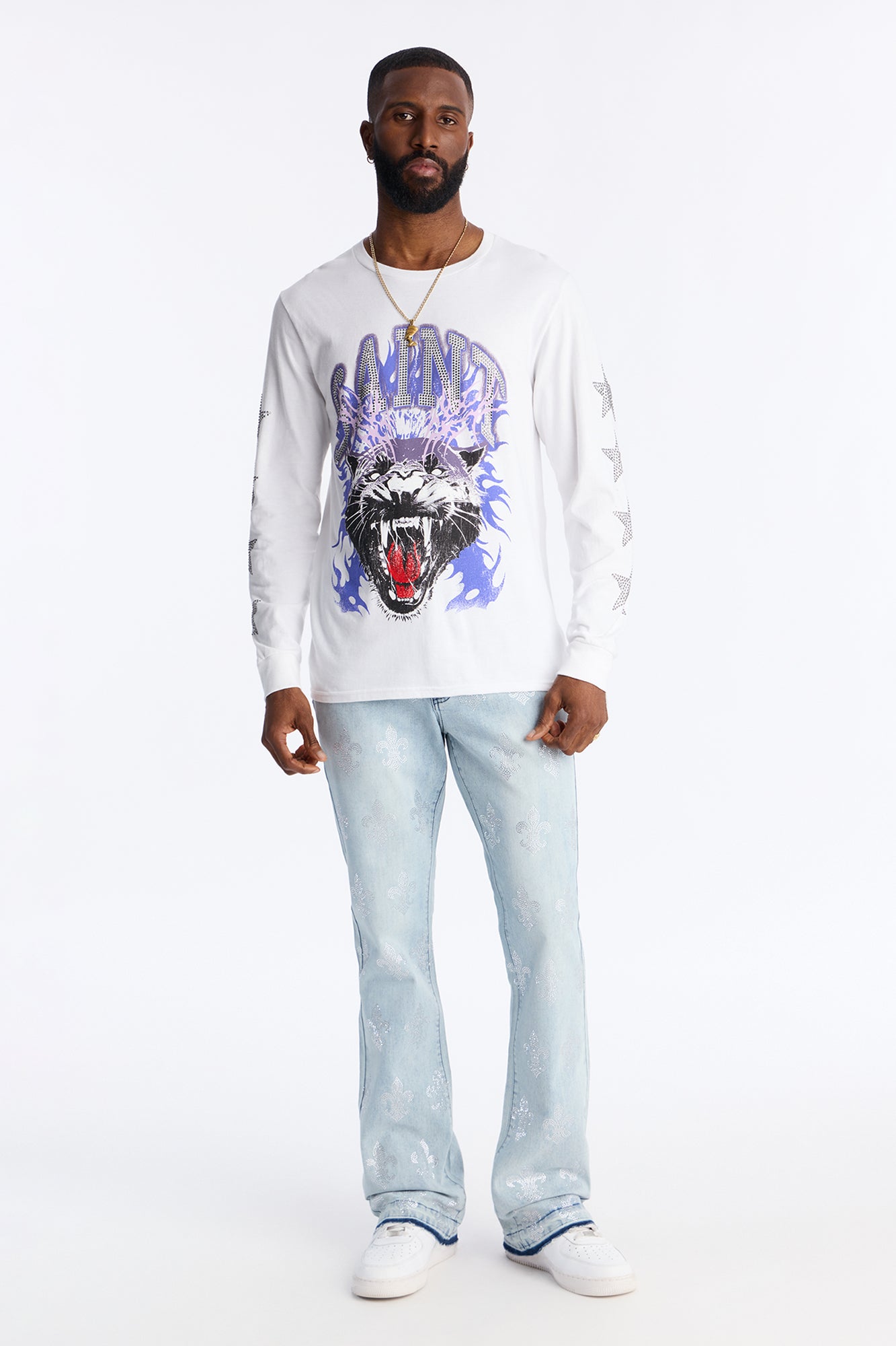 Saint Star Of The Show Rhinestone Long Sleeve Tee - White