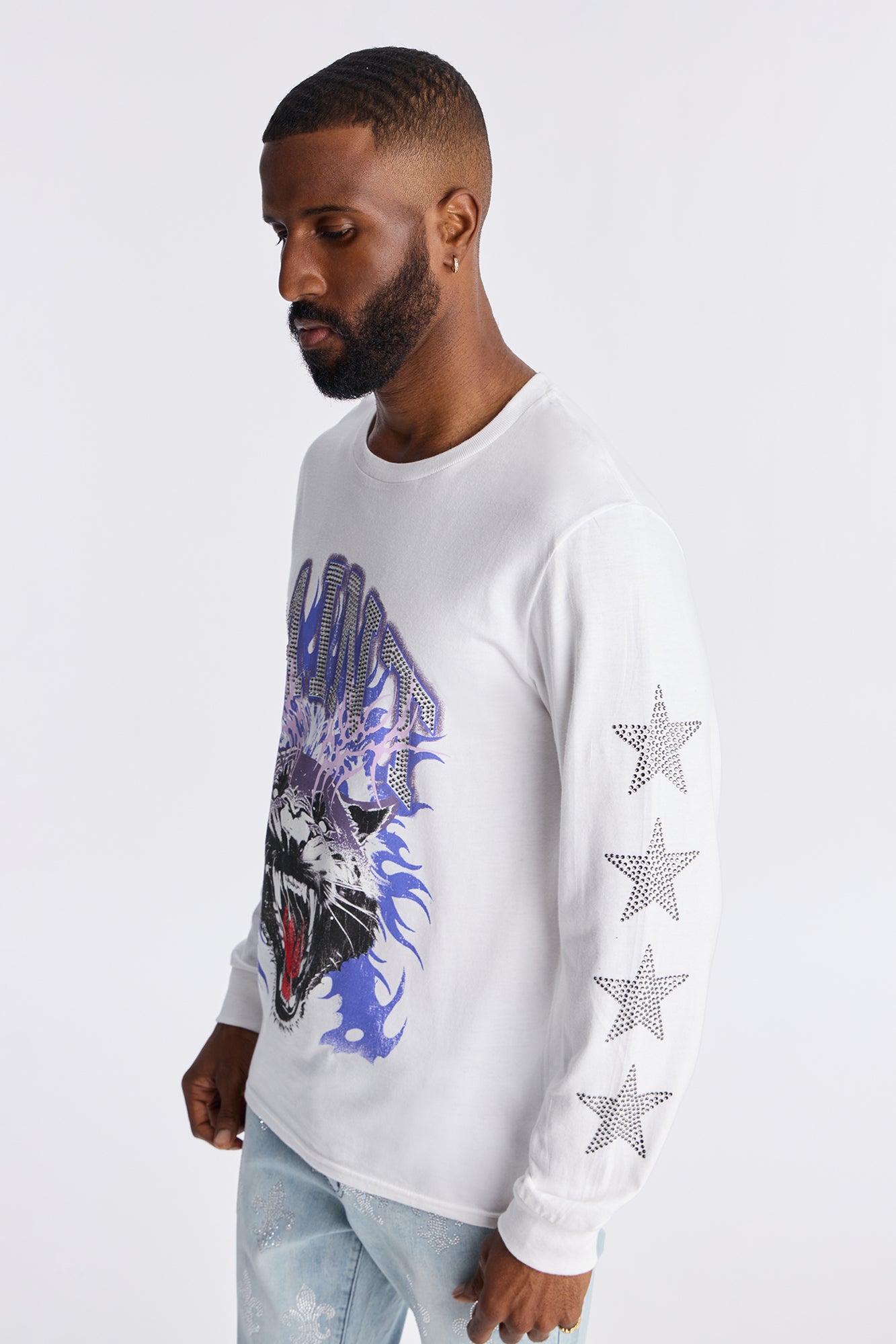 Saint Star Of The Show Rhinestone Long Sleeve Tee - White