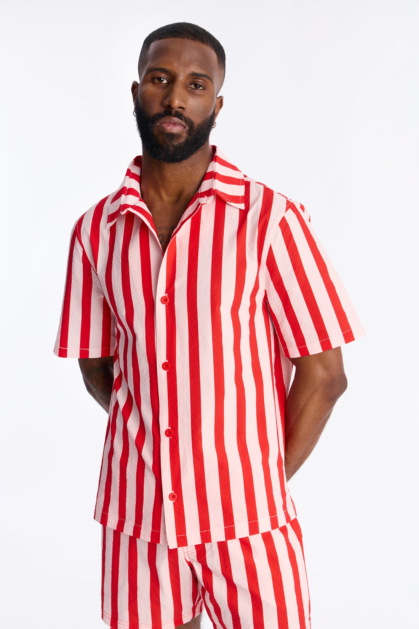 Striped Party Seersucker Button Up Shirt - Red