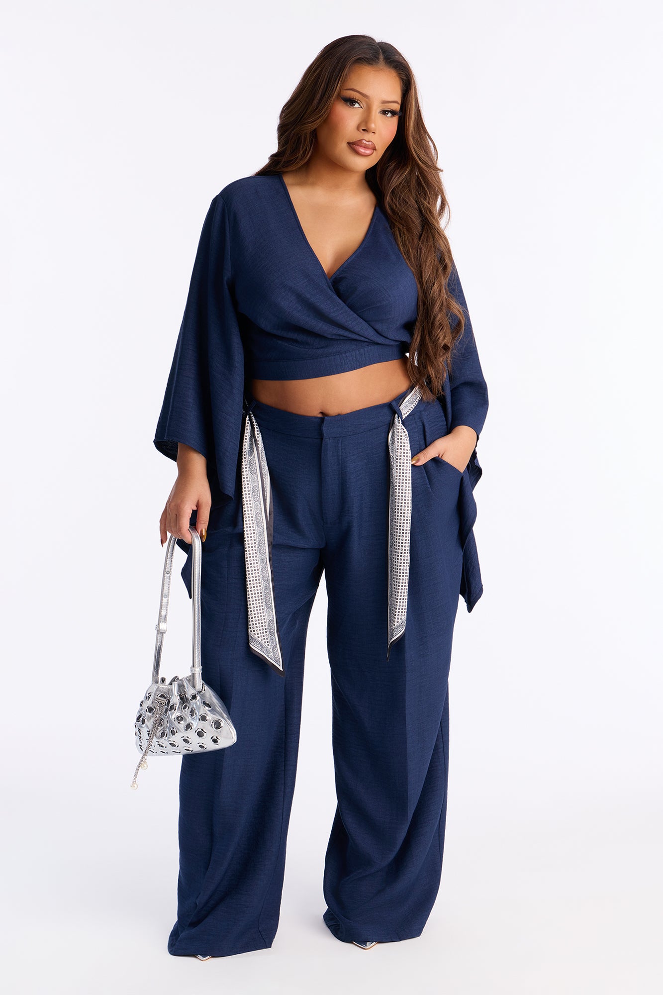 Nara Scarf Belt Pant set - Navy