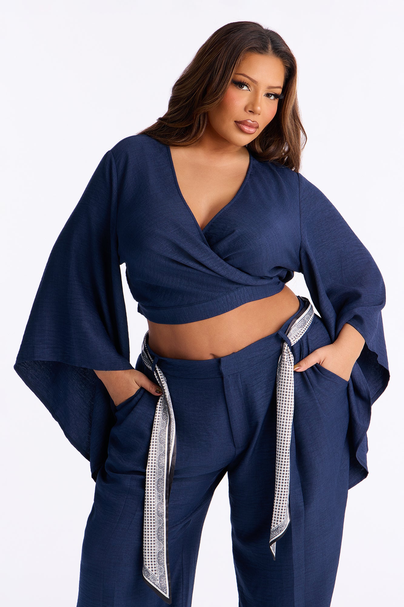 Nara Scarf Belt Pant set - Navy
