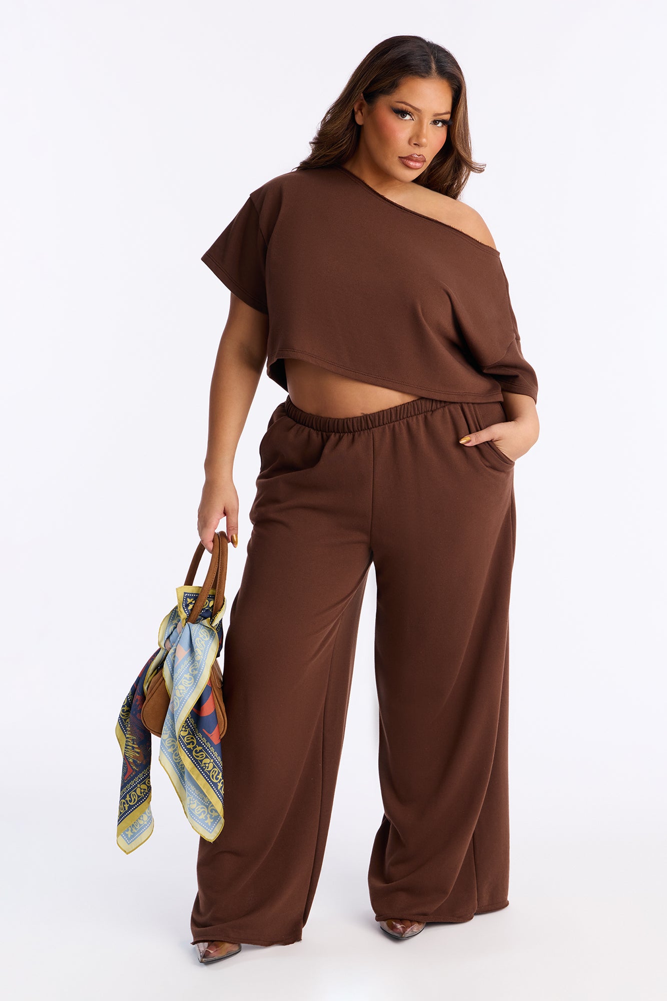 Chill Status Off Shoulder Pant Set - Mocha