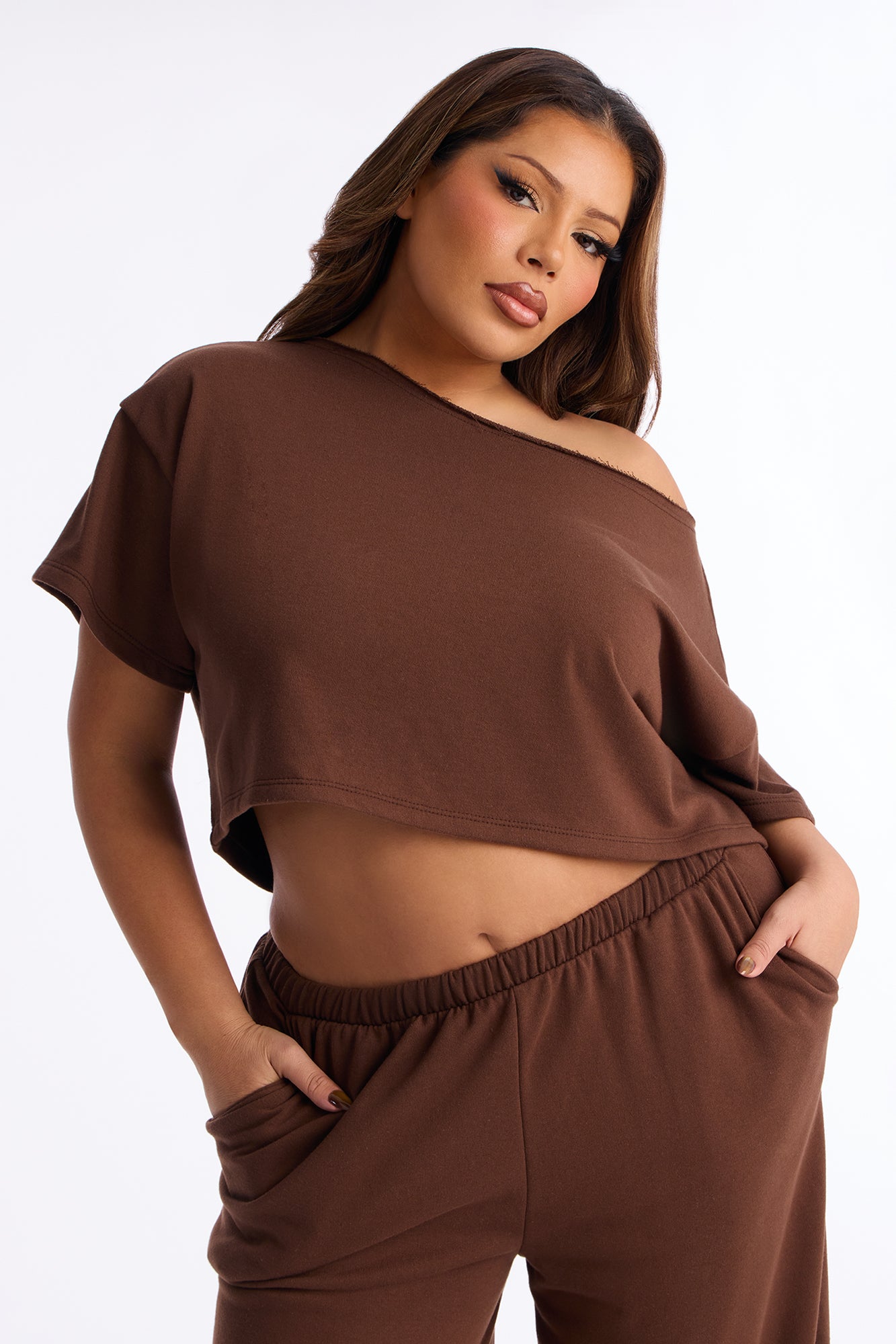 Chill Status Off Shoulder Pant Set - Mocha