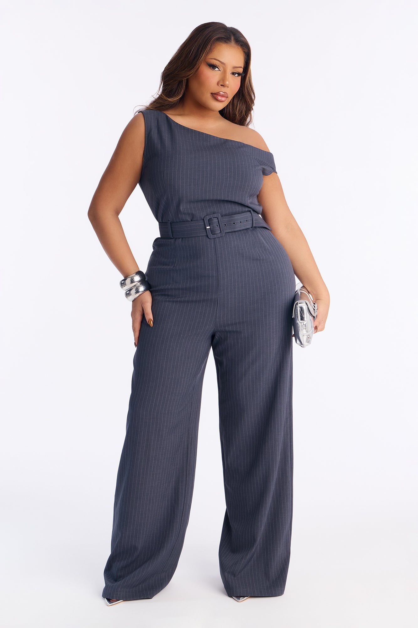 Rylie Pinstripe Belted Jumpsuit - Grey