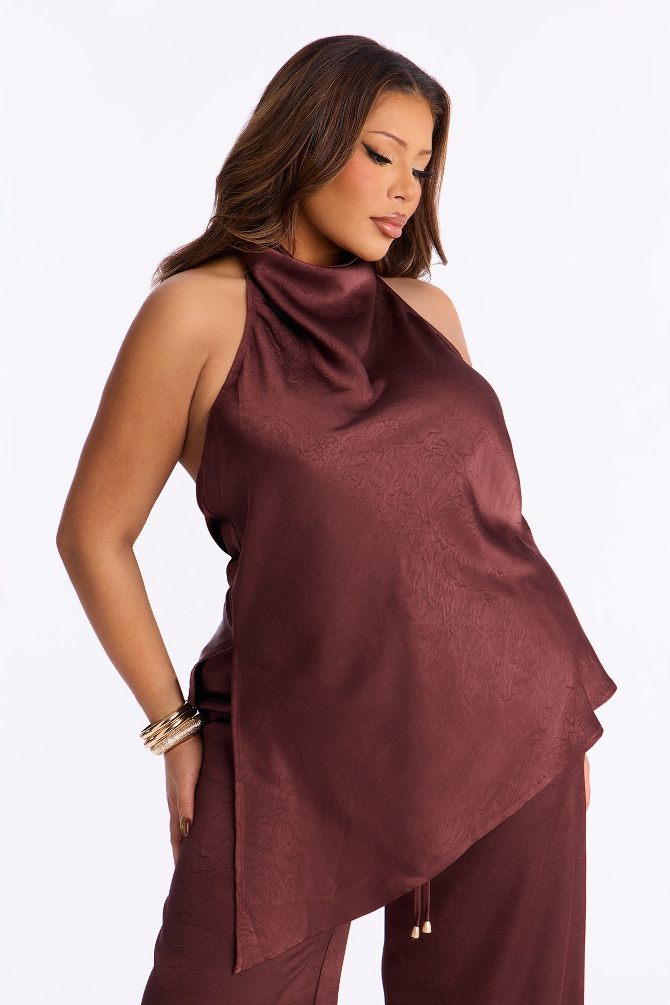 Claire Satin Cowl Neck Pant Set - Chocolate