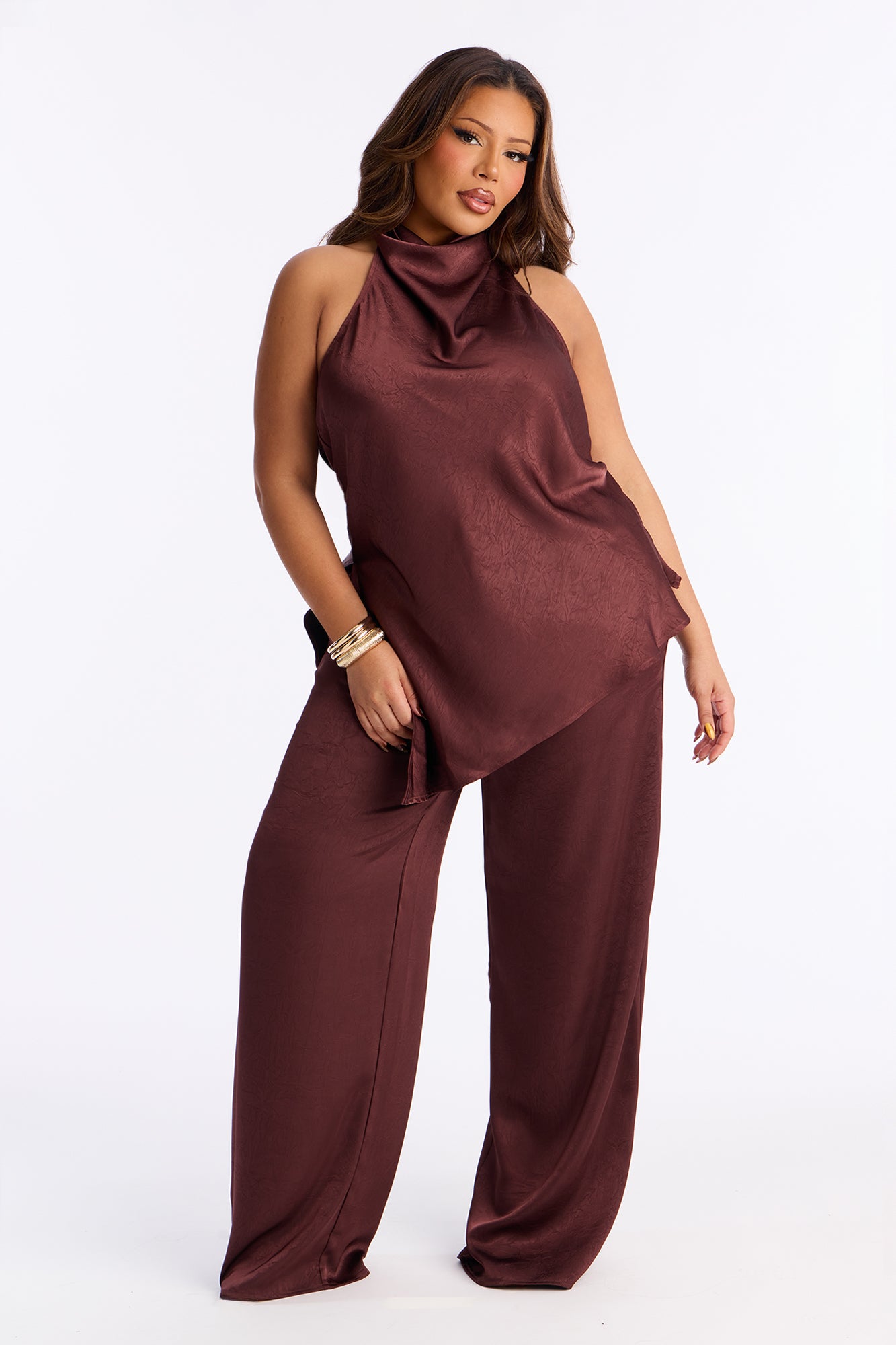 Claire Satin Cowl Neck Pant Set - Chocolate