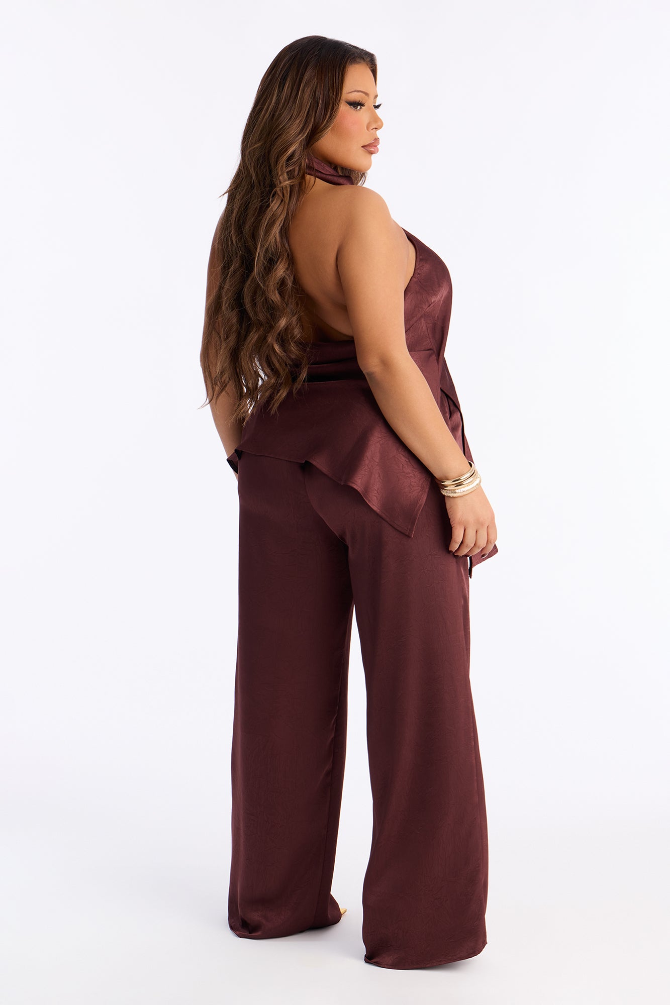 Claire Satin Cowl Neck Pant Set - Chocolate