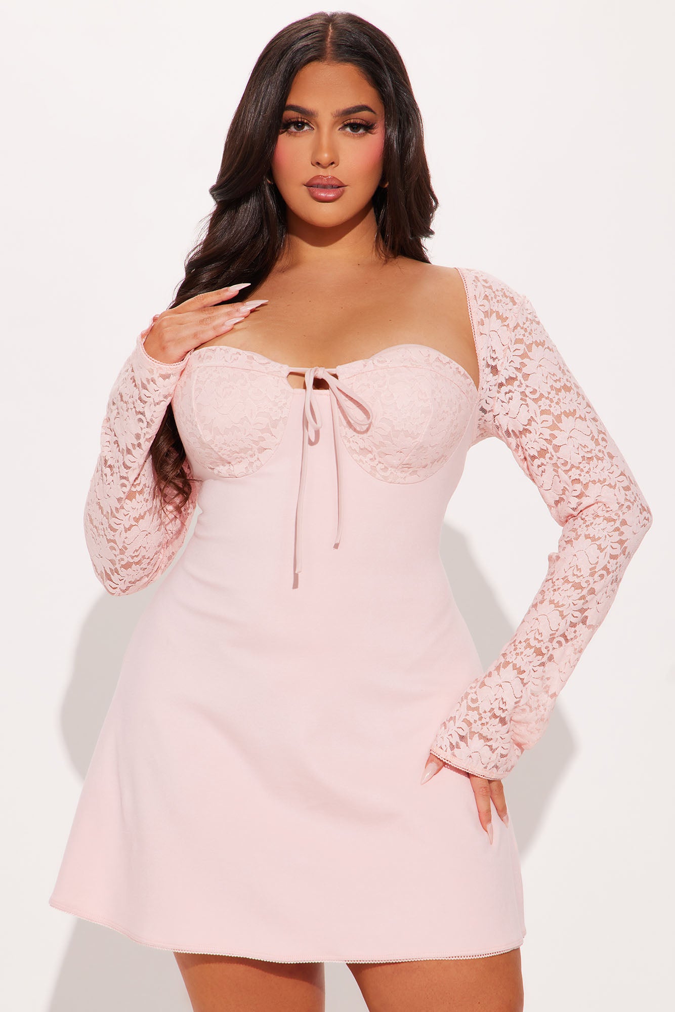 Emilina Long Sleeve Lace Mini Dress - Blush